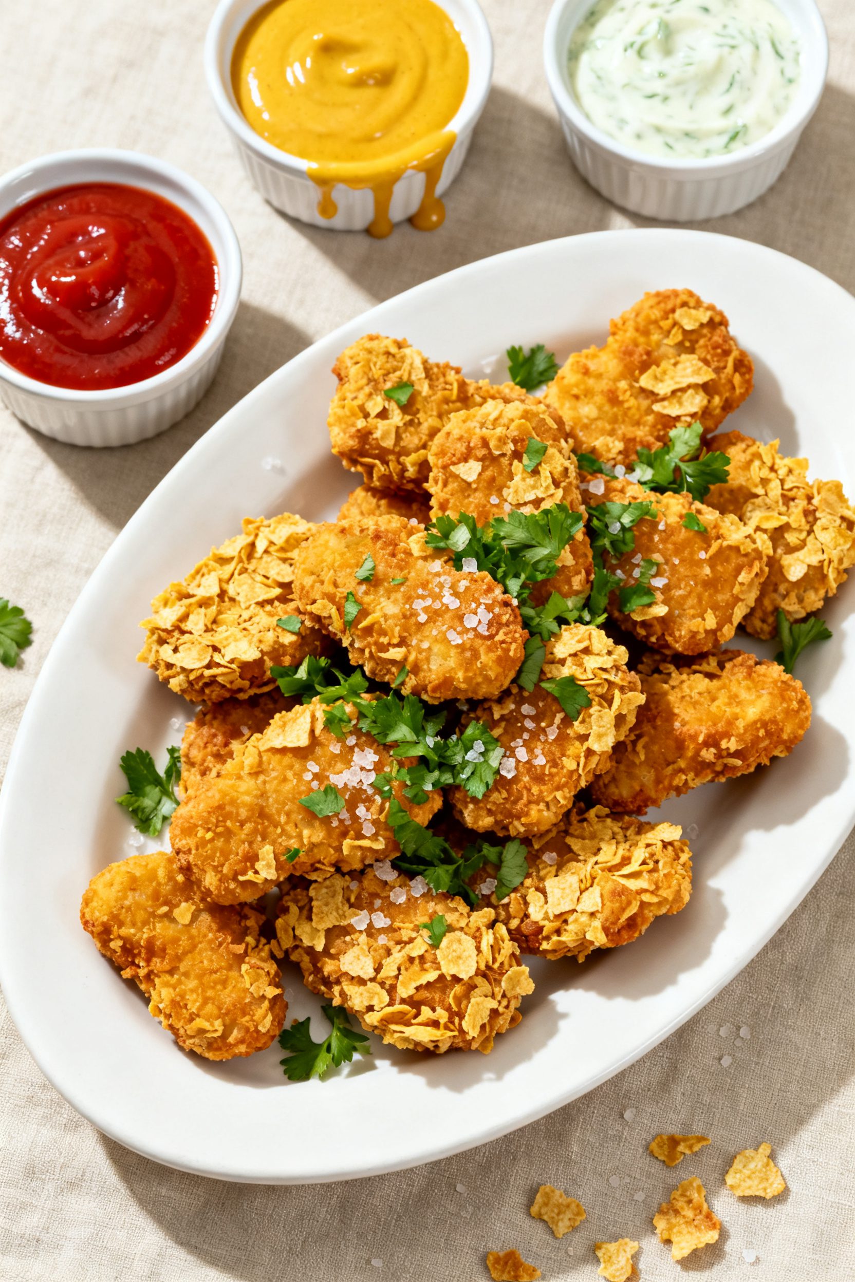 Final dish top view: Overhead shot of a family-style platter of 3-ingredient chicken nuggets arrange