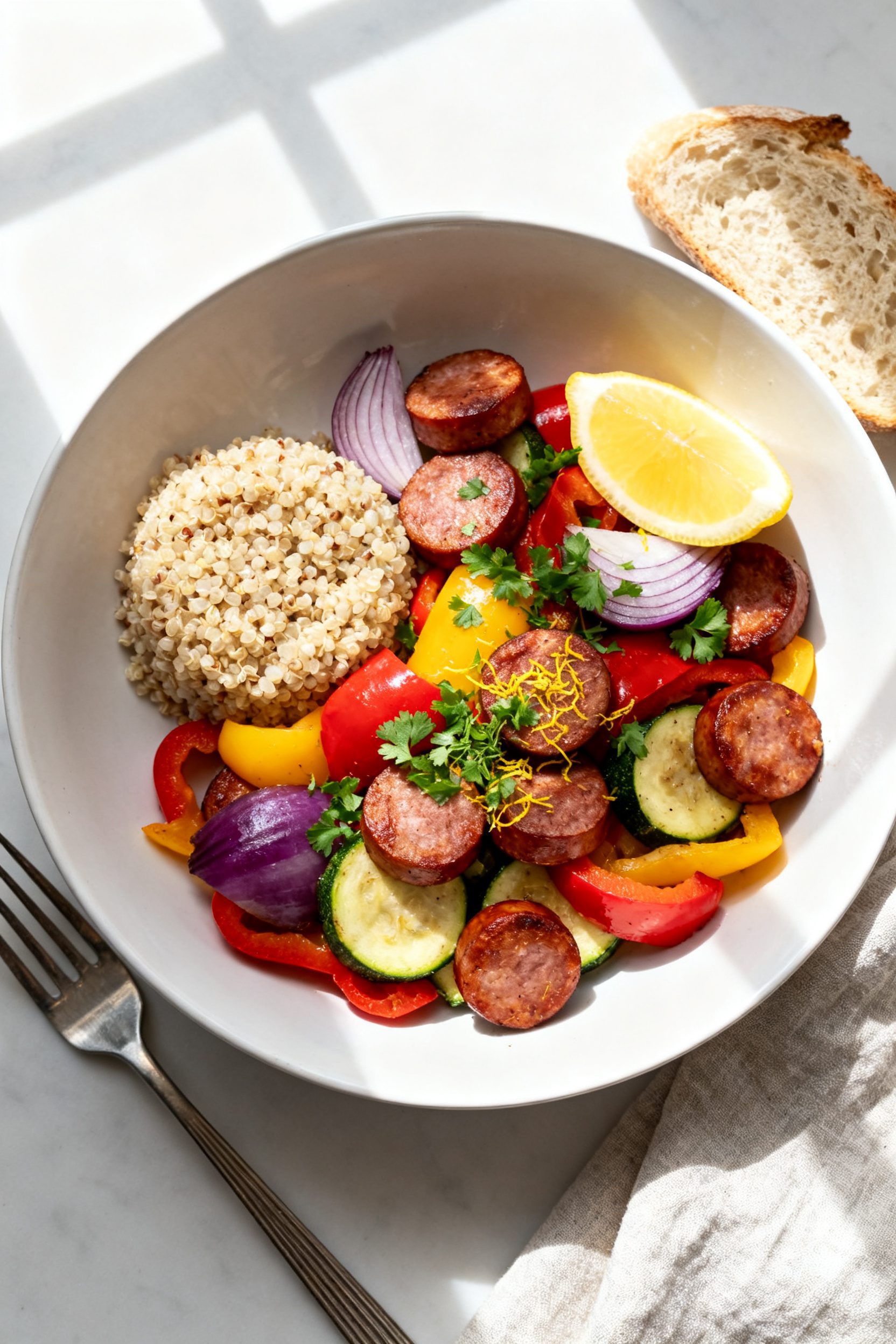 Final dish, top view: Overhead shot of Air Fryer Smoked Sausage and Veggies plated in a wide, shallo
