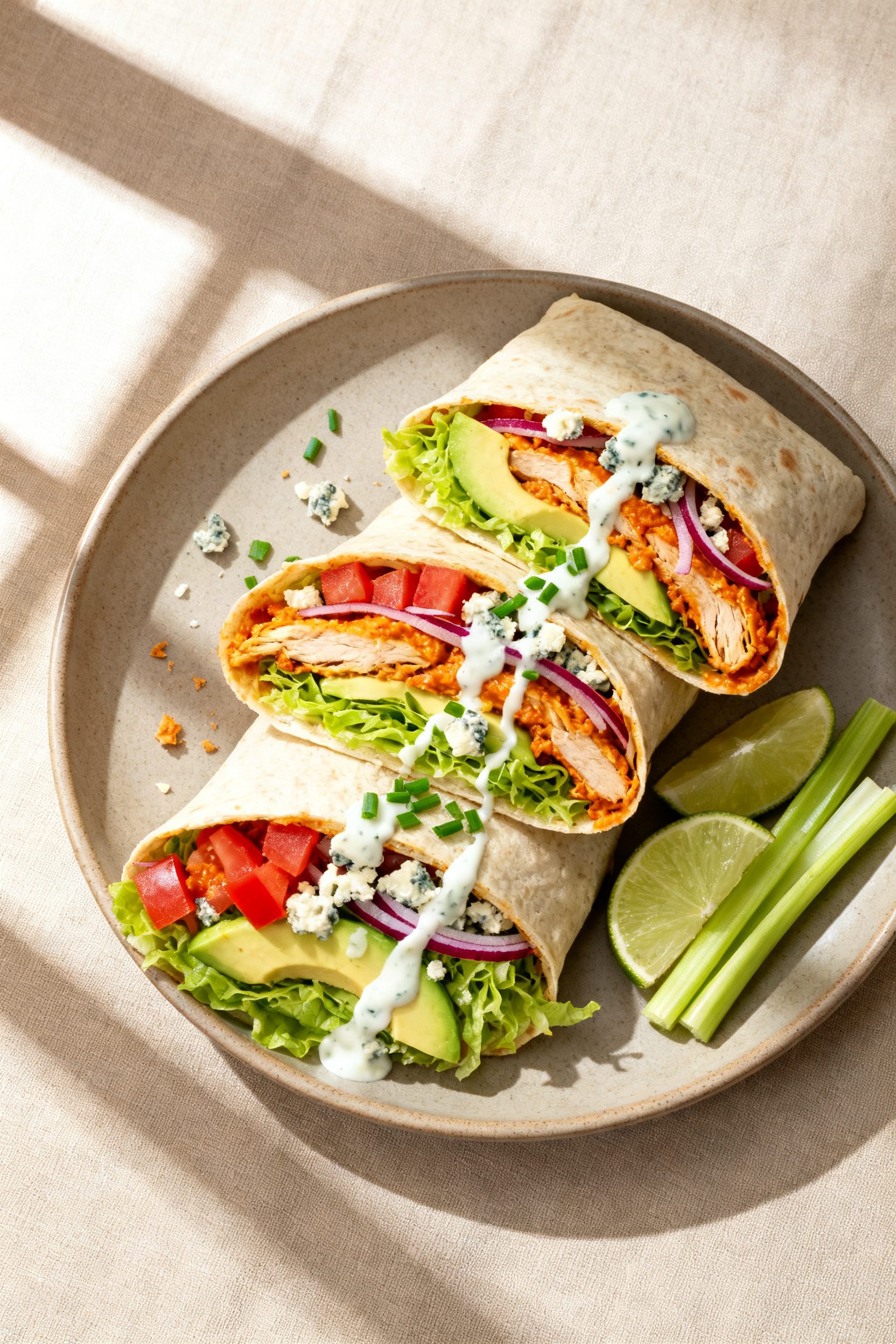 Final dish top view: Overhead shot of sliced buffalo chicken wraps on a matte ceramic platter, revea