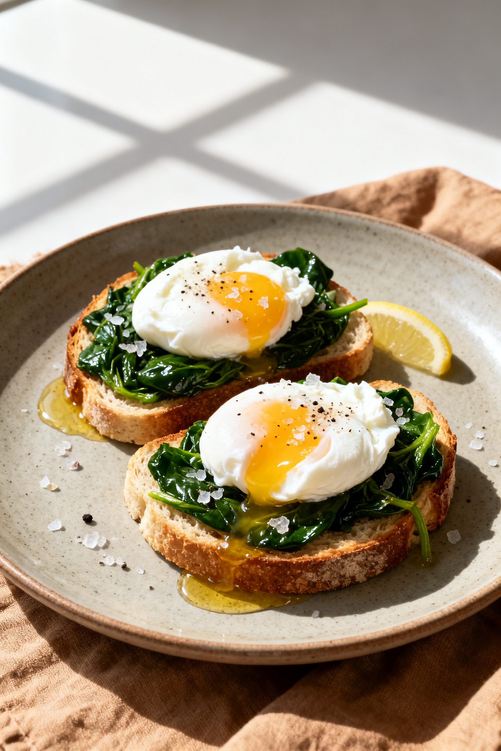 Final dish: Two air fryer poached eggs nestled on toasted sourdough layered with glossy sautéed spi