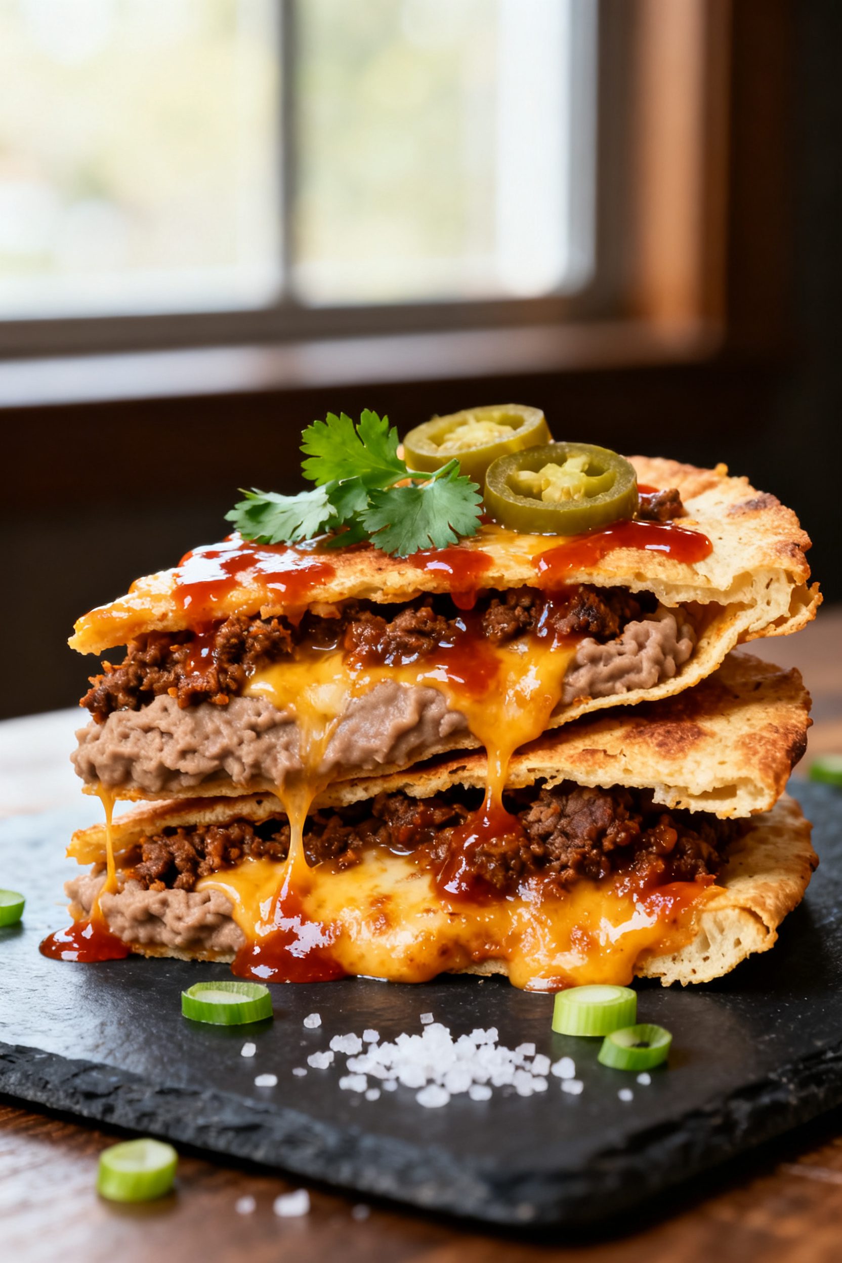 Final plated beauty close-up: A restaurant-quality presentation of the Mexican Pizza slice stacked t