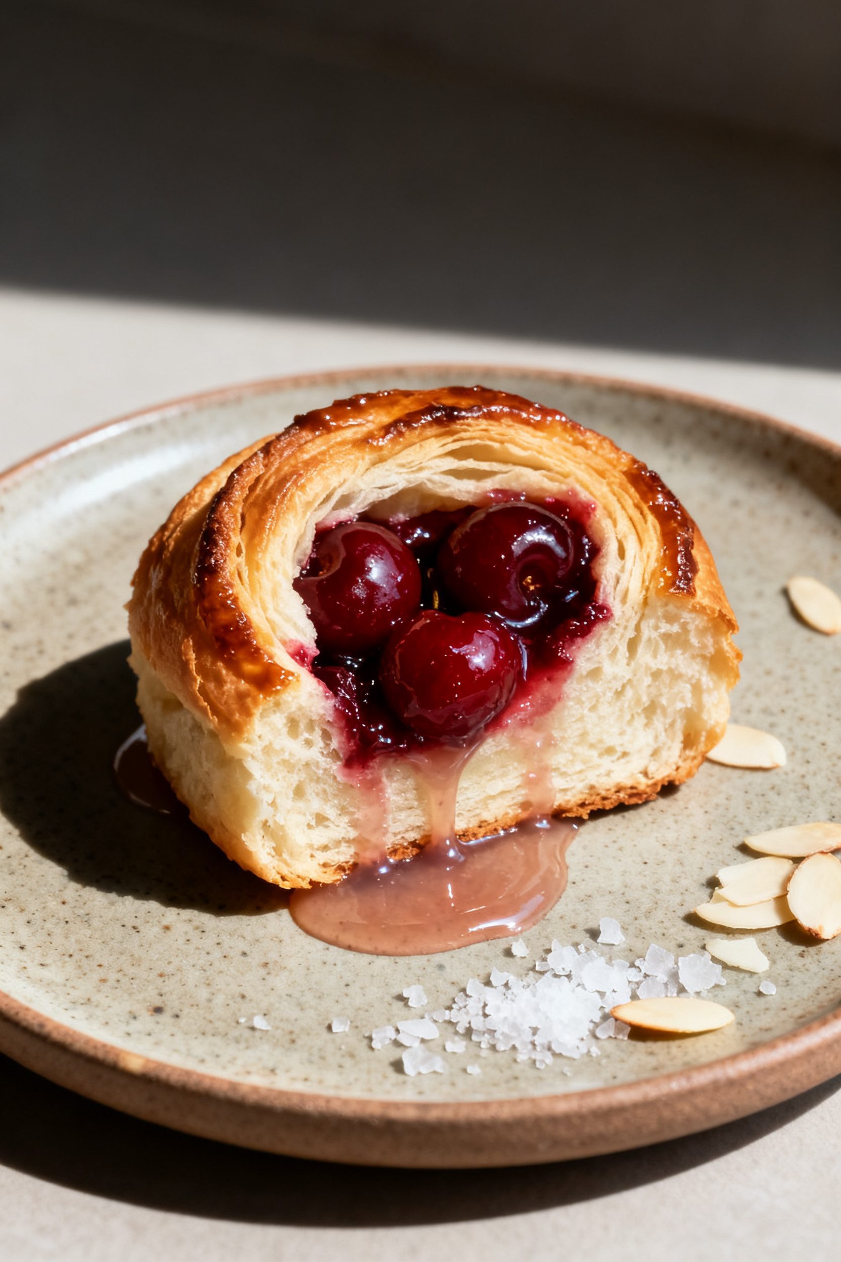 Final plated, beauty close-up: Single cherry breakfast roll on a small stoneware plate with a drip o