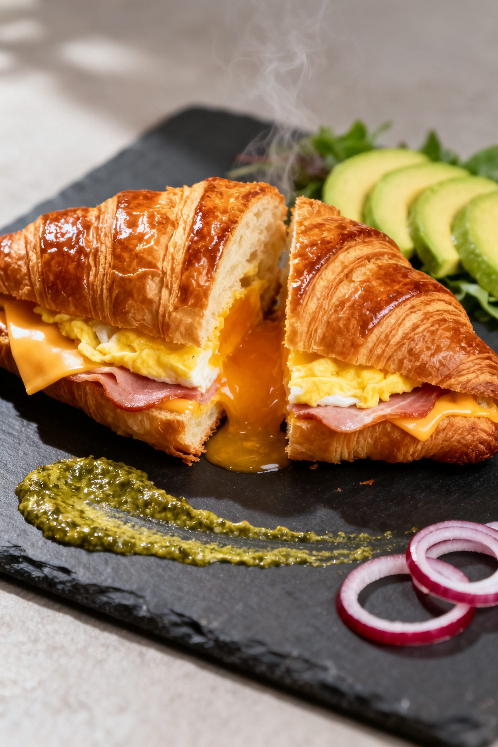 Final plated beauty: Restaurant-quality presentation of a croissant breakfast sandwich, ultra-flaky 