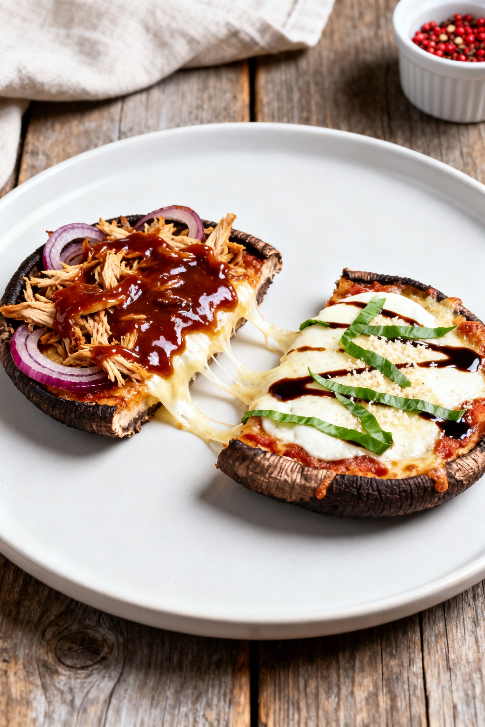 Final plated beauty: Restaurant-quality presentation of two portobello pizzas on a matte white plate