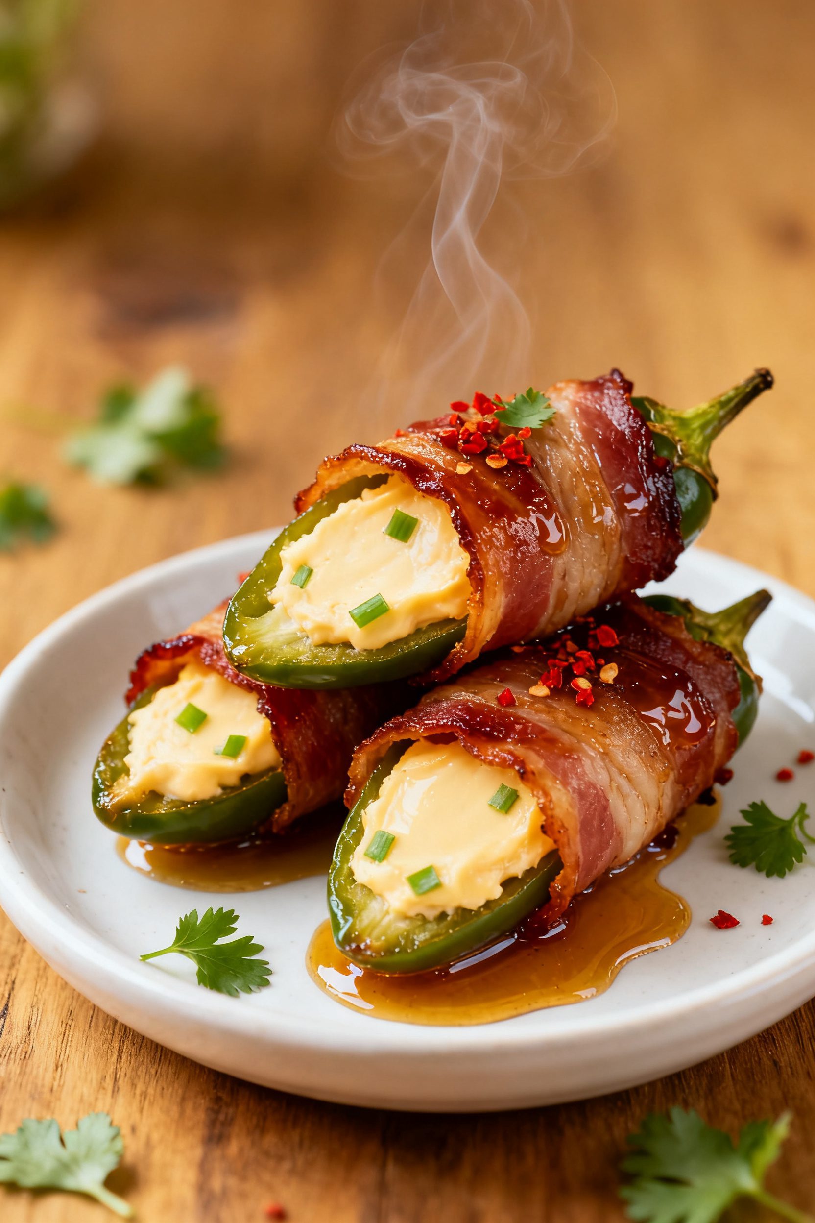 Final plated beauty: Restaurant-quality presentation of three bacon wrapped jalapenos stacked slight