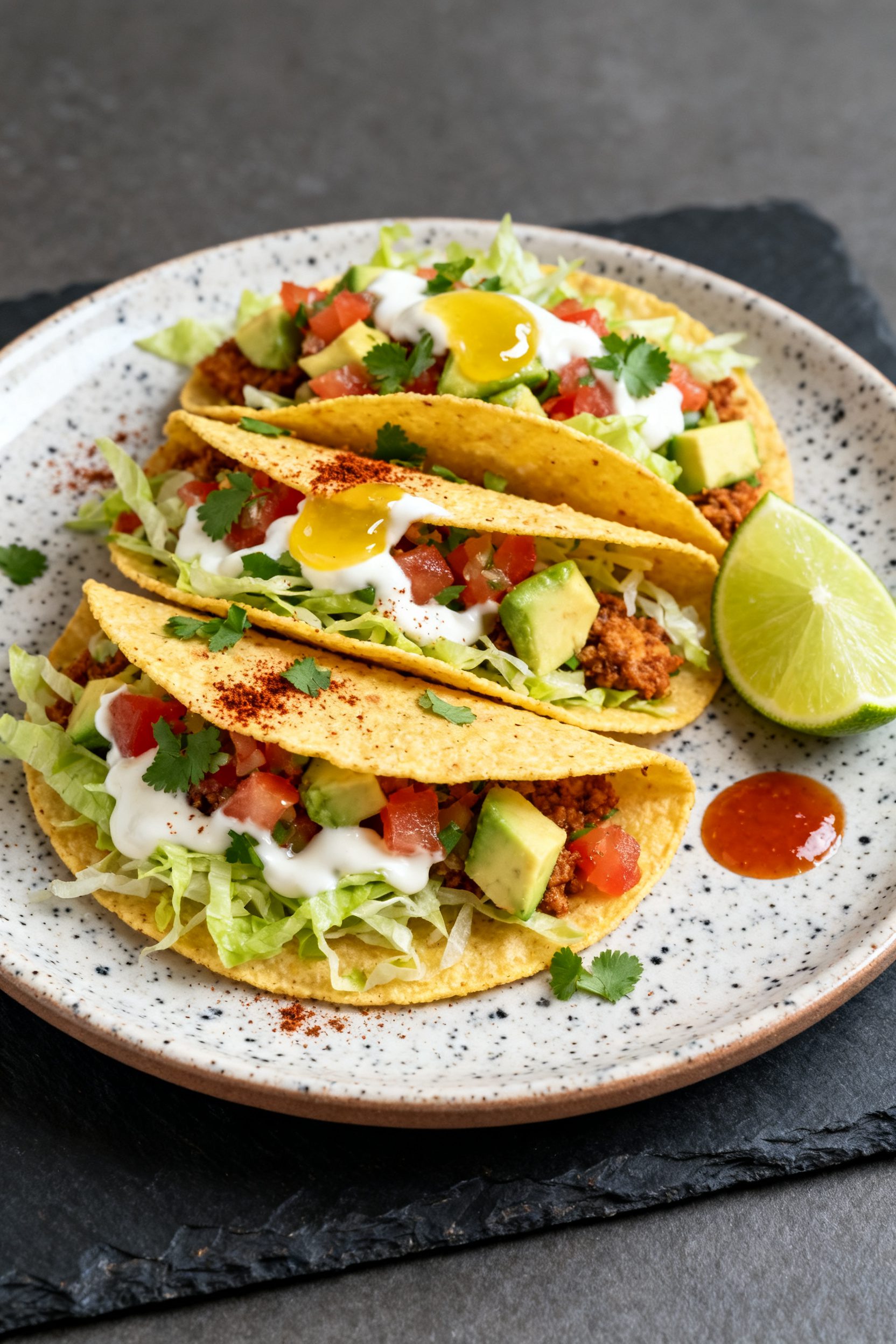 Final plated beauty: Restaurant-style plated air fryer tacos (3 on a speckled ceramic plate) just op