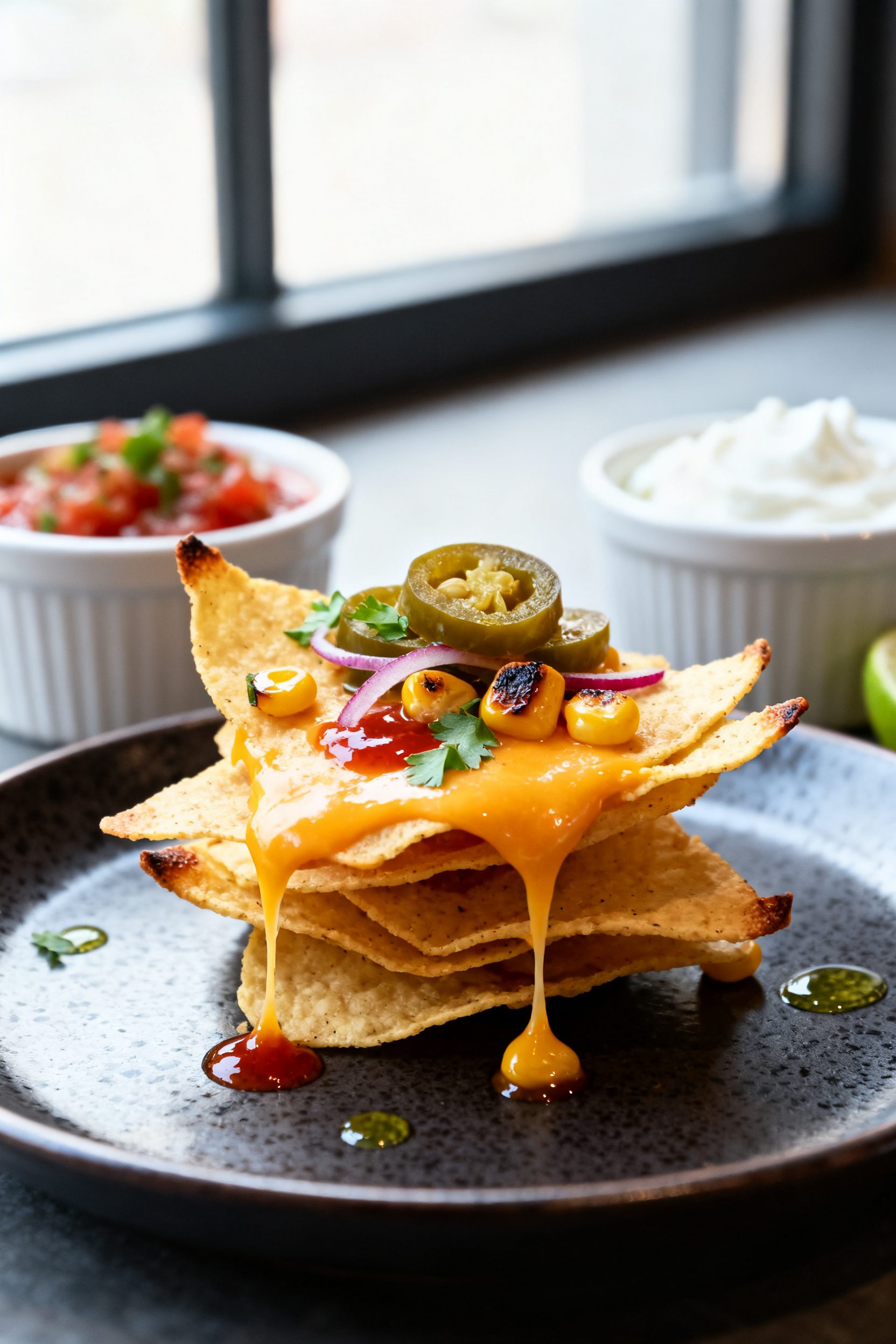 Final plated beauty: Restaurant-style presentation of a small-batch nacho stack on a dark ceramic pl