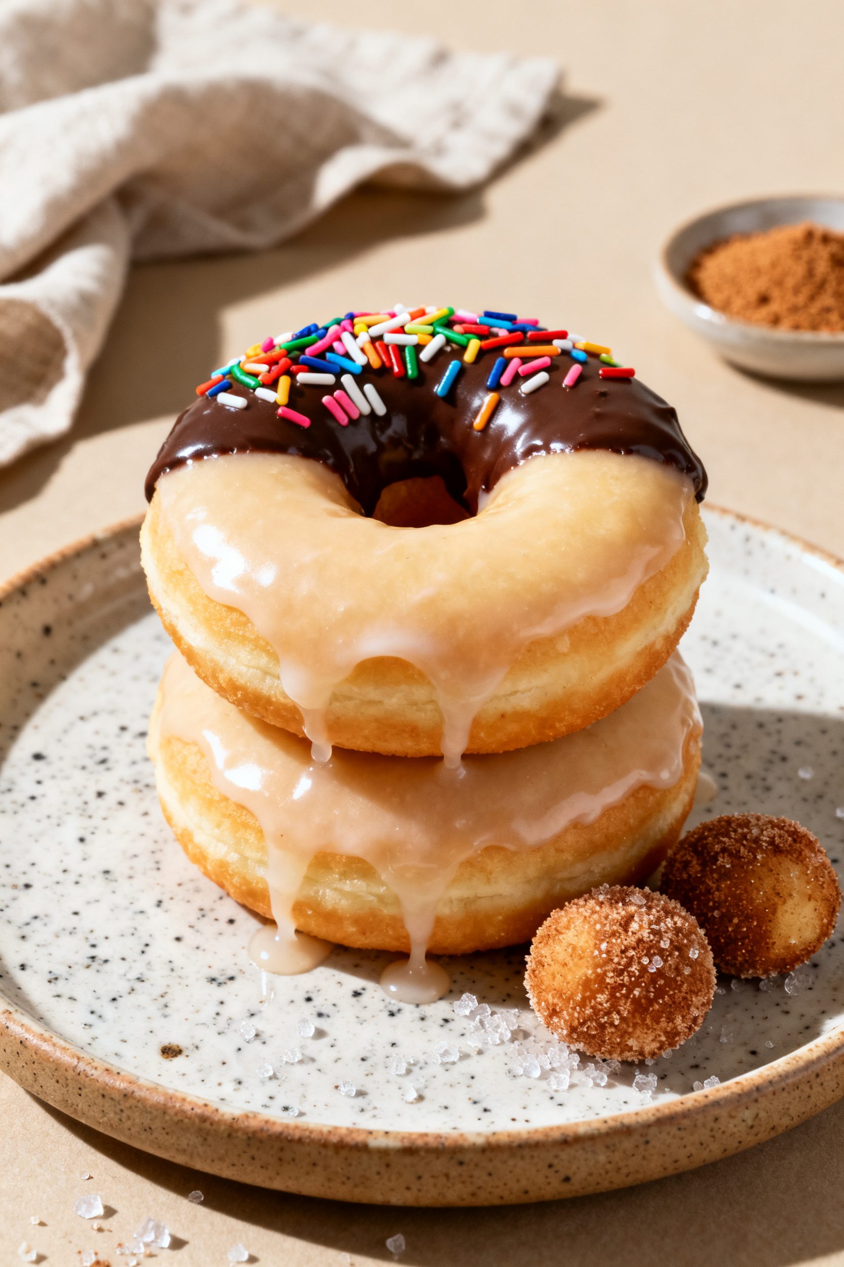 Final plated beauty shot: a stack of two vanilla-glazed air fryer donuts with a half-dipped chocolat
