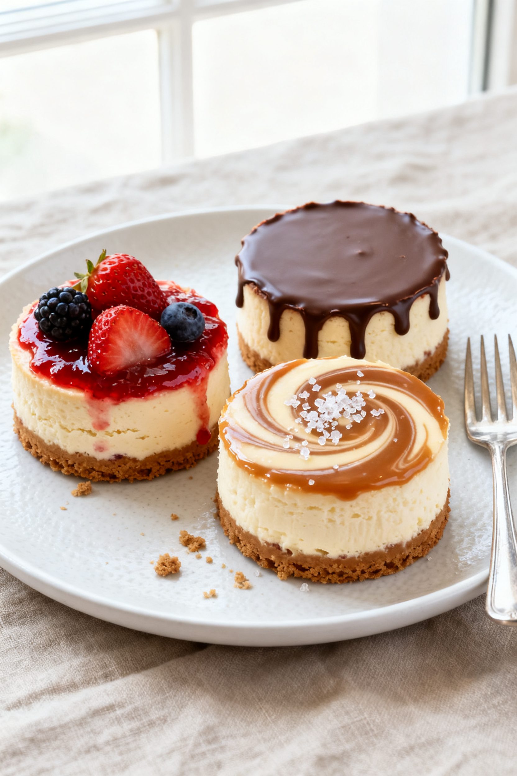 Final plated beauty shot: A trio of chilled mini cheesecakes unmolded and plated on a matte white de