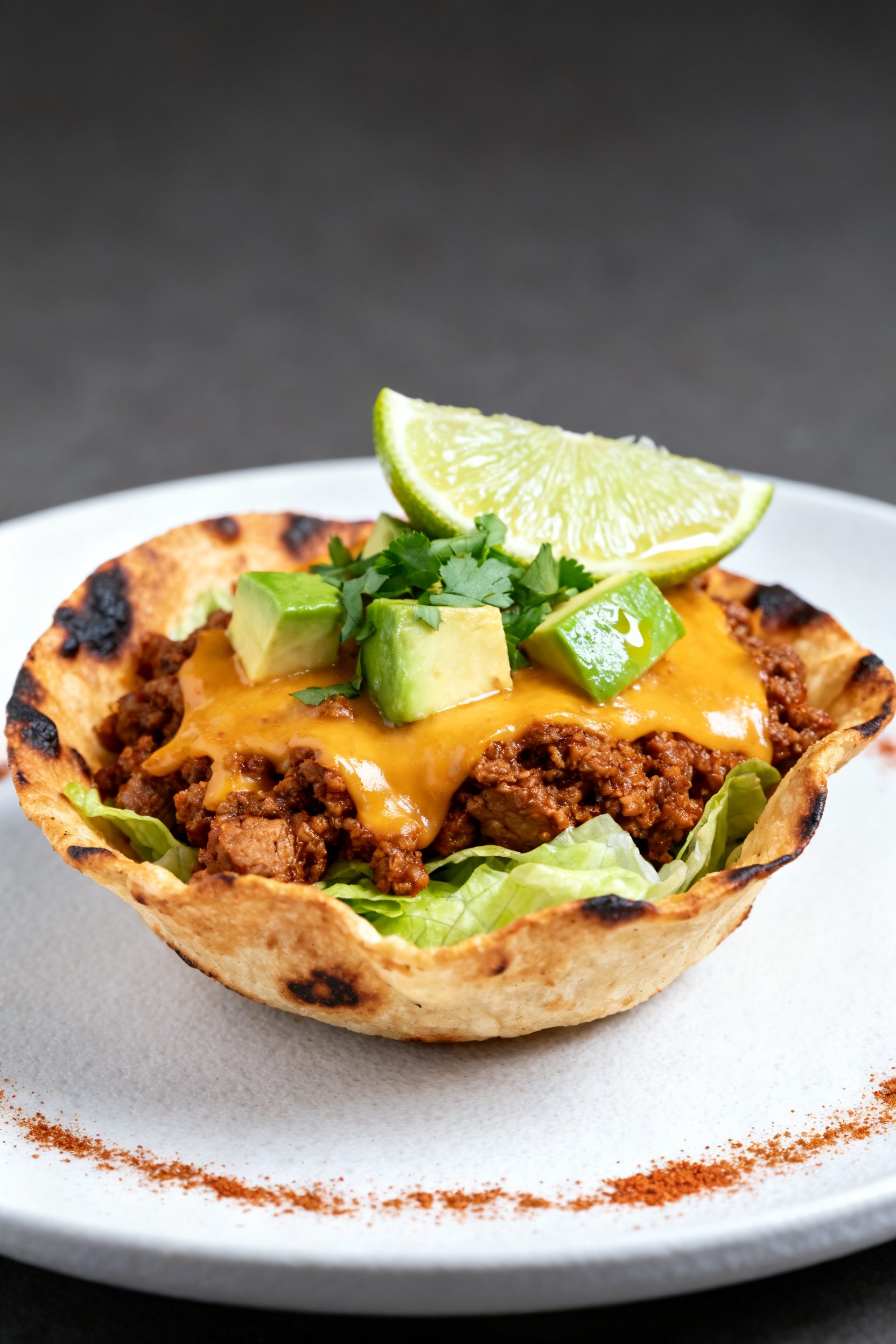 Final plated beauty shot: Close-up, three-quarter angle of a single taco salad bowl on a matte white