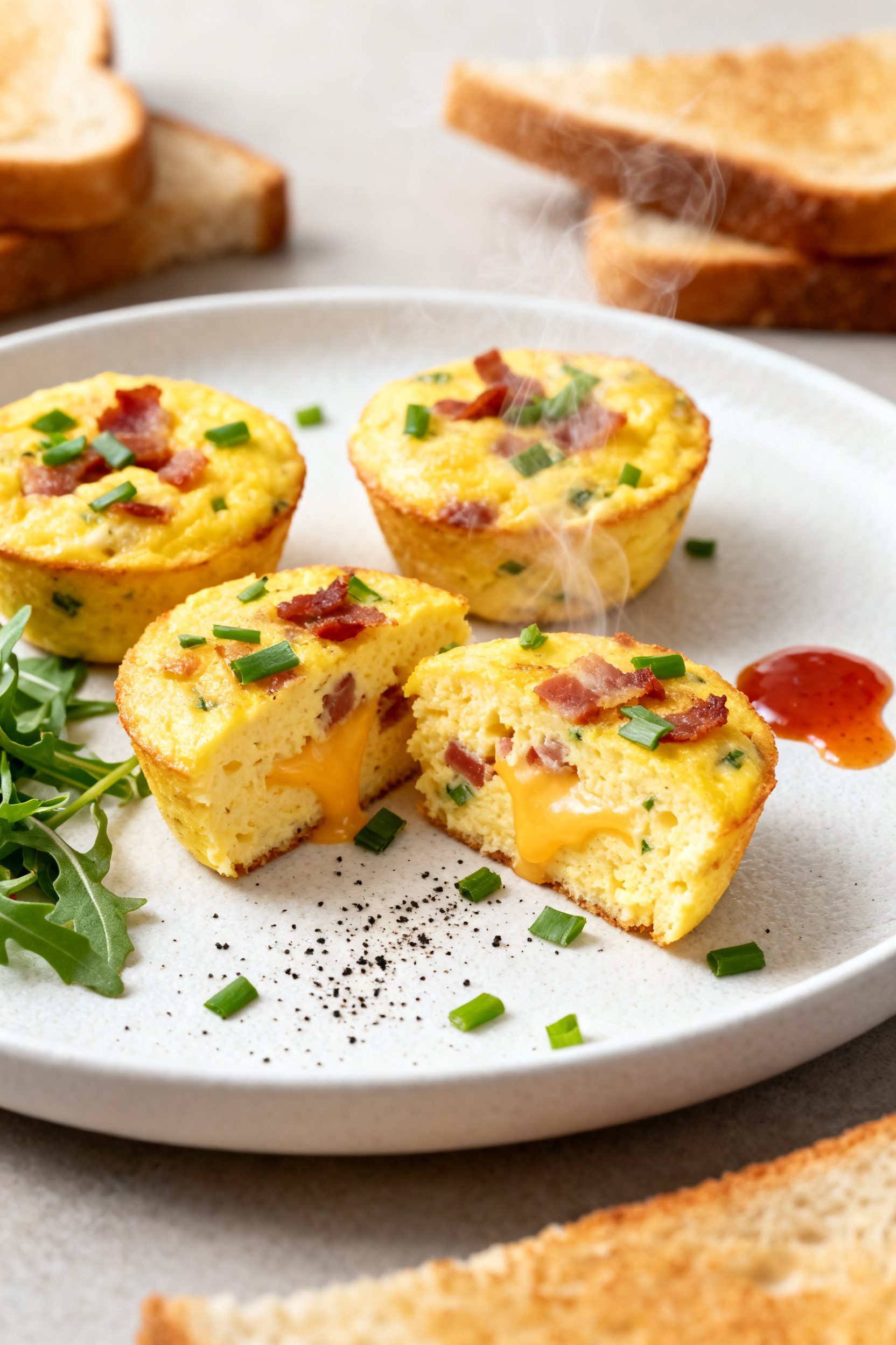 Final plated beauty shot: Fluffy air fryer egg bites sliced to reveal a moist, custardy interior wit