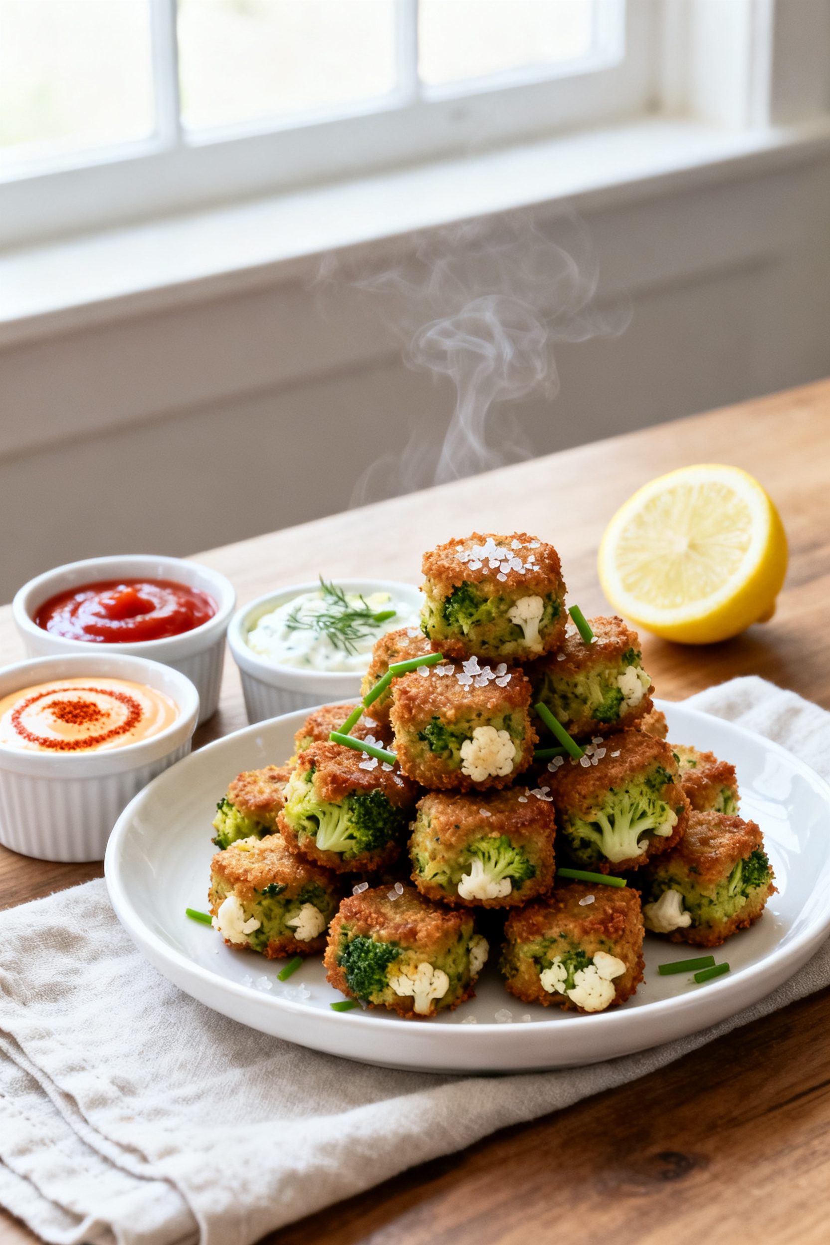 Final plated beauty shot: Pile of air-fried veggie tots stacked on a white ceramic plate, ultra-cris