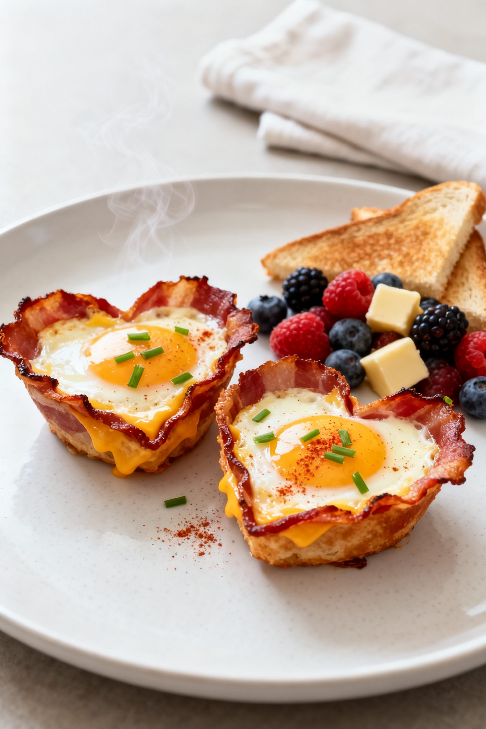 Final plated beauty shot: Two heart-shaped bacon and egg cups plated on a matte white breakfast plat