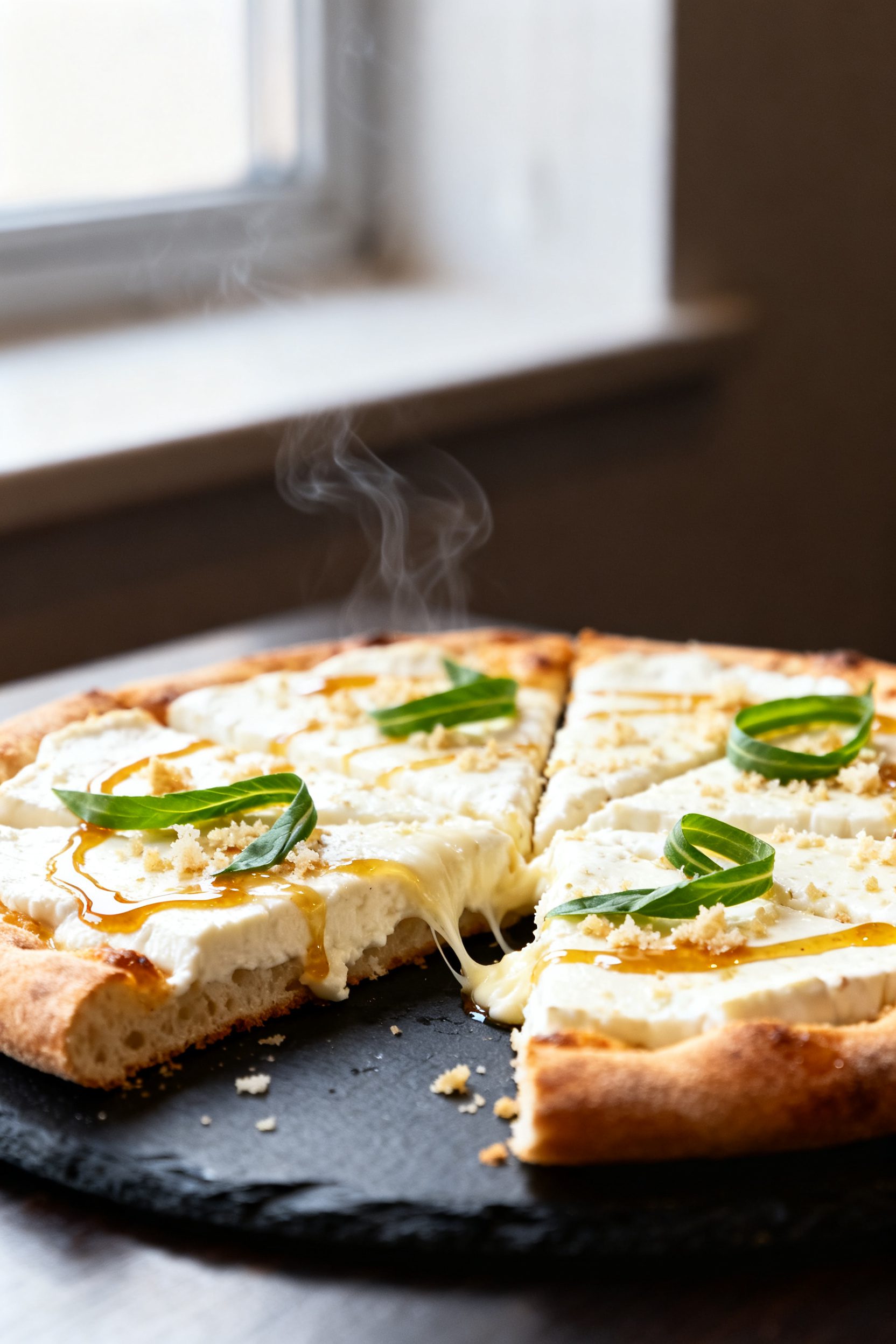 Final plated beauty: Sliced cottage cheese pizza on a charcoal slate board, one slice slightly pulle