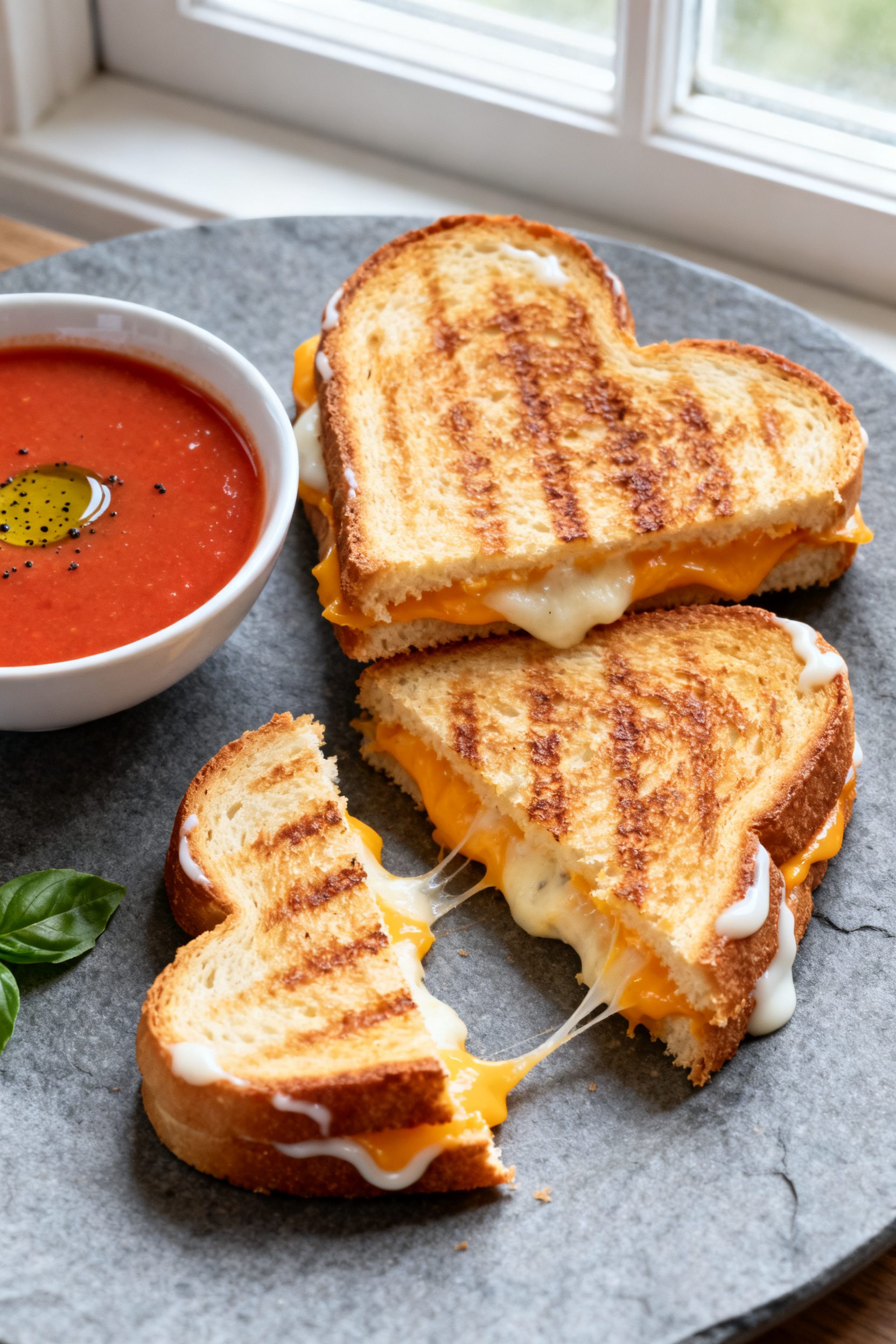 Final plated brunch presentation of a Classic Grilled Cheese heart sandwich trio: three hearts with