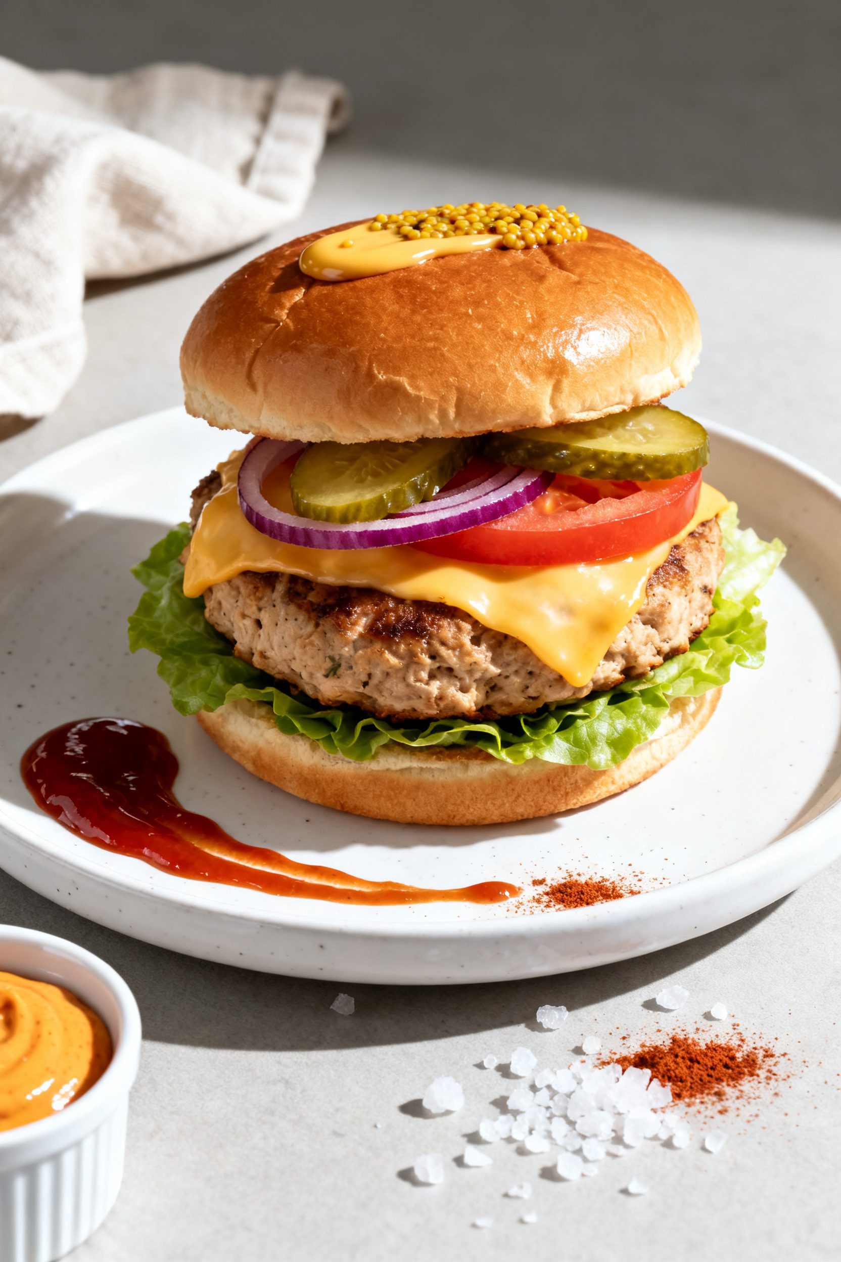 Final plated burger beauty: Juicy turkey burger stacked on a toasted brioche bun with melted provolo
