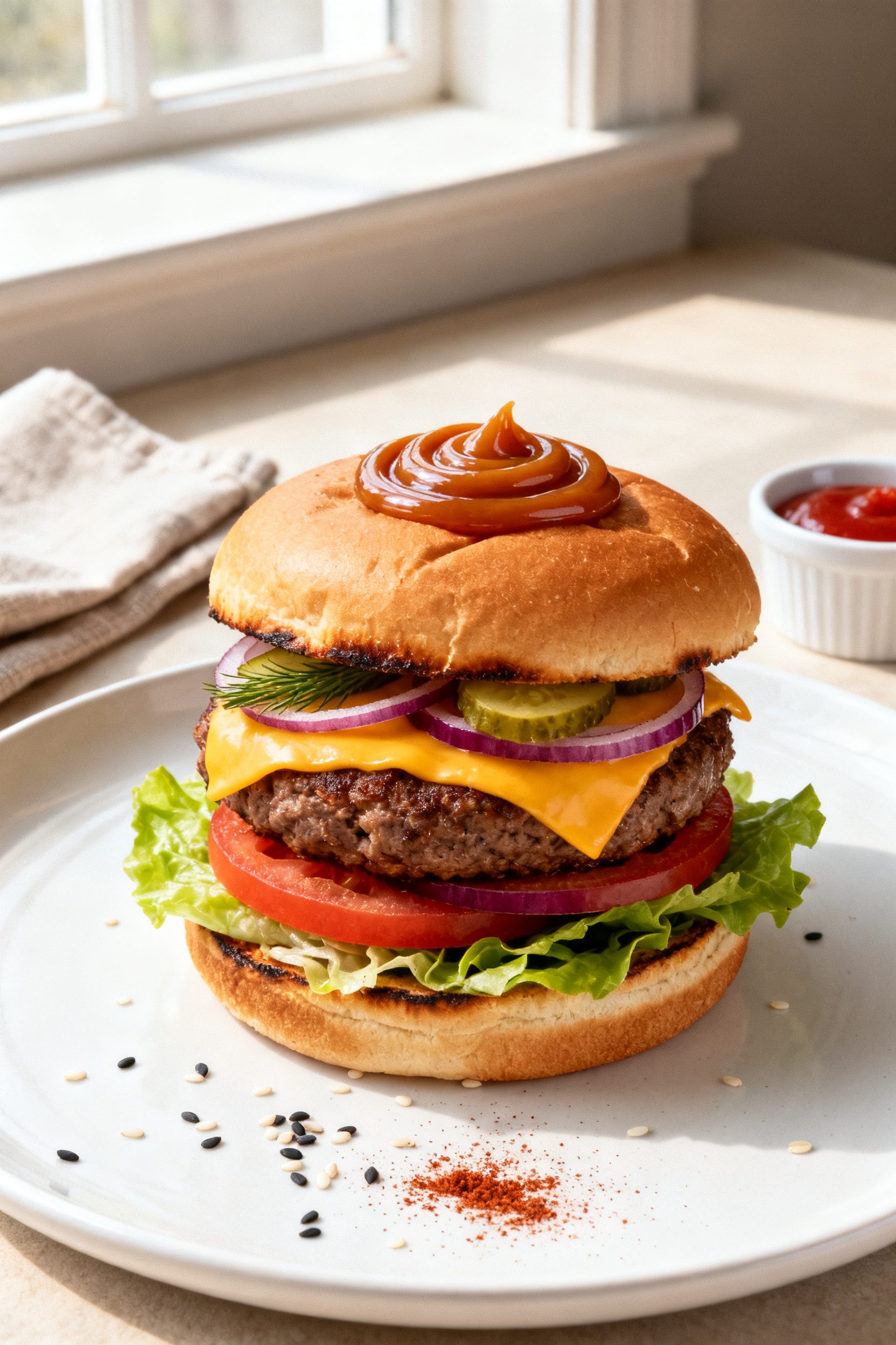 Final plated burger beauty shot: Juicy air-fried Impossible Burger stacked on a toasted brioche bun,
