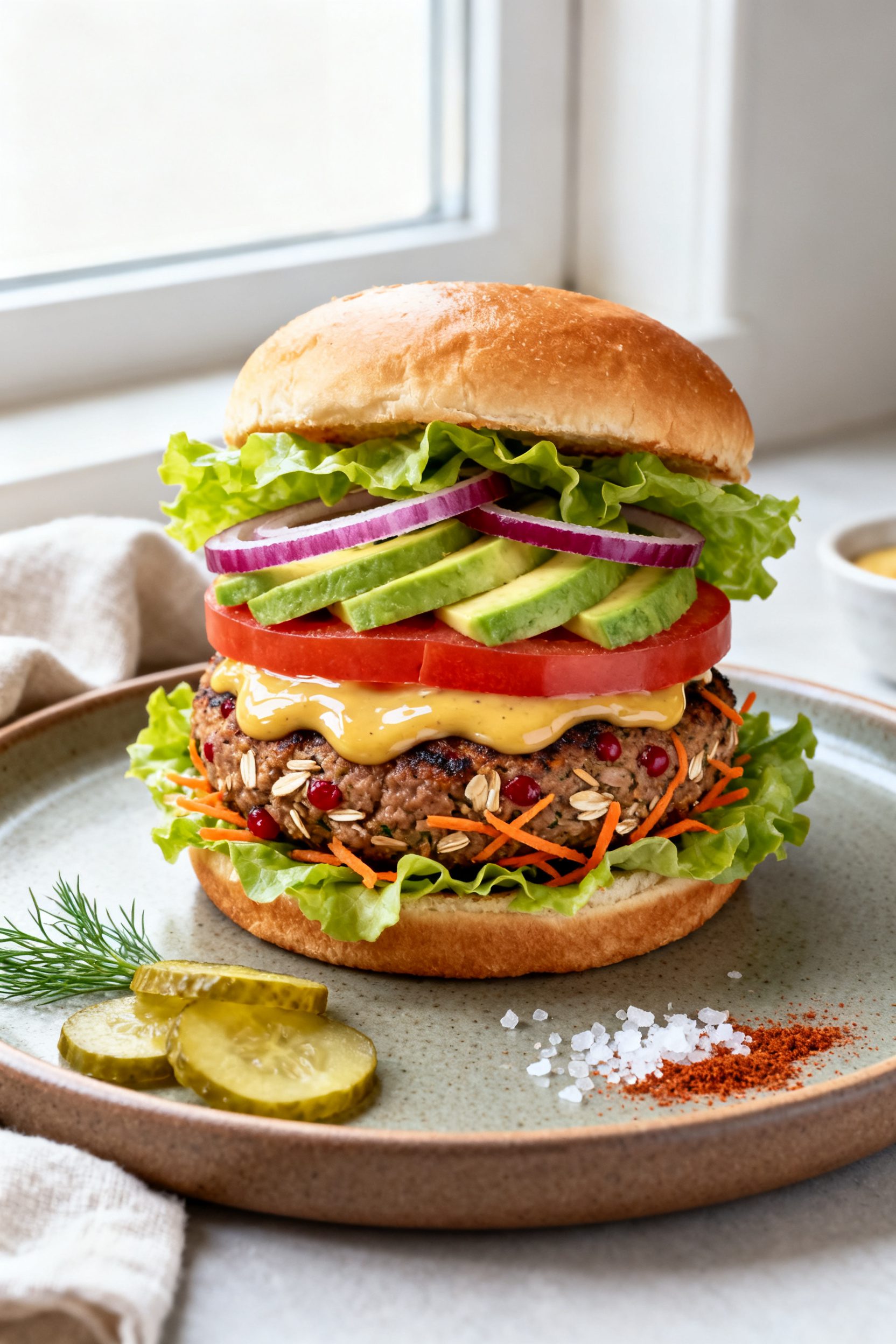 Final plated burger, restaurant-quality: A fully assembled cherry veggie burger on a toasted brioche