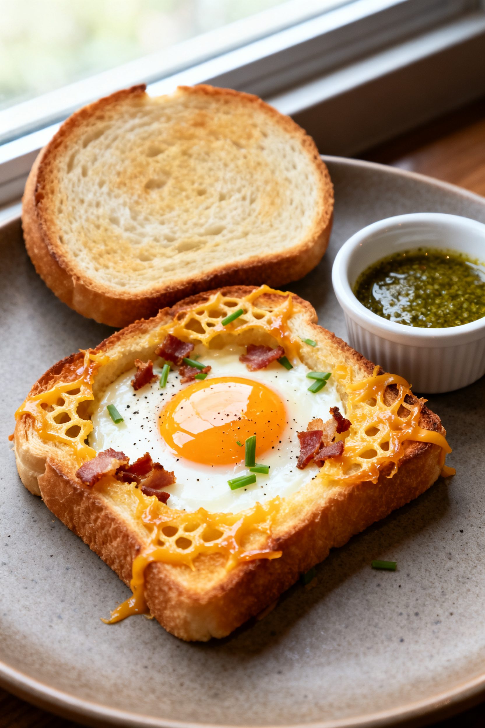 Final plated, close-up detail: Brioche Egg in a Hole, cheese-melt variation—golden, evenly browned
