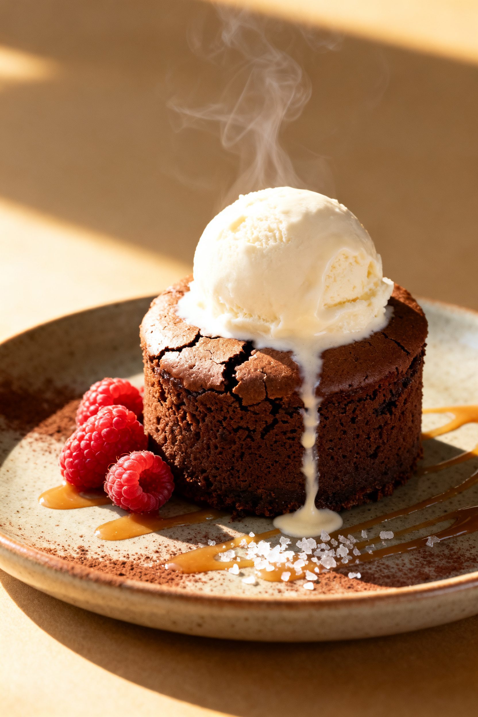 Final plated dessert: Beautifully presented mug cake served warm with a scoop of vanilla ice cream s