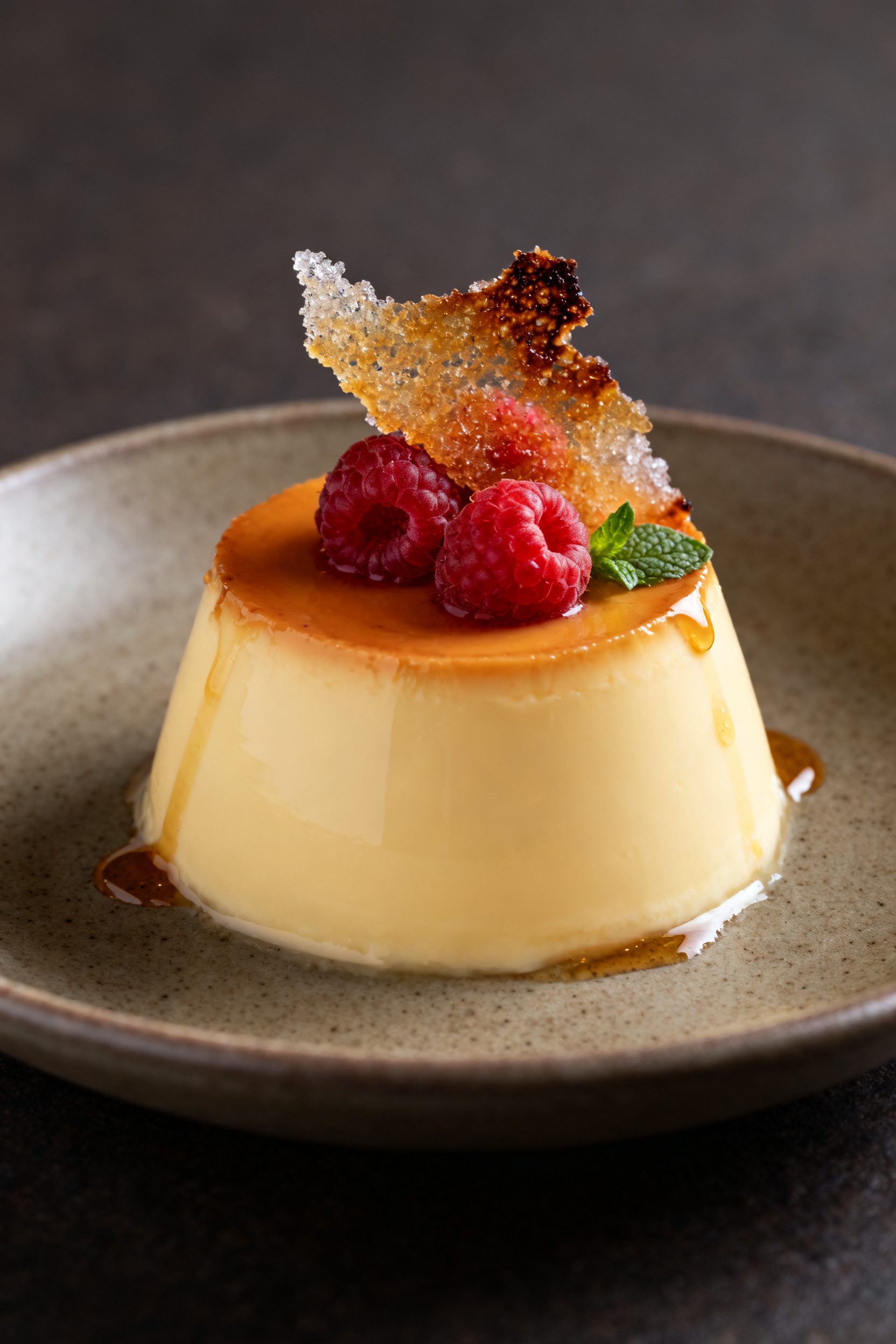 Final plated dessert glamor shot: a single silky egg custard (made with half-and-half for richness)