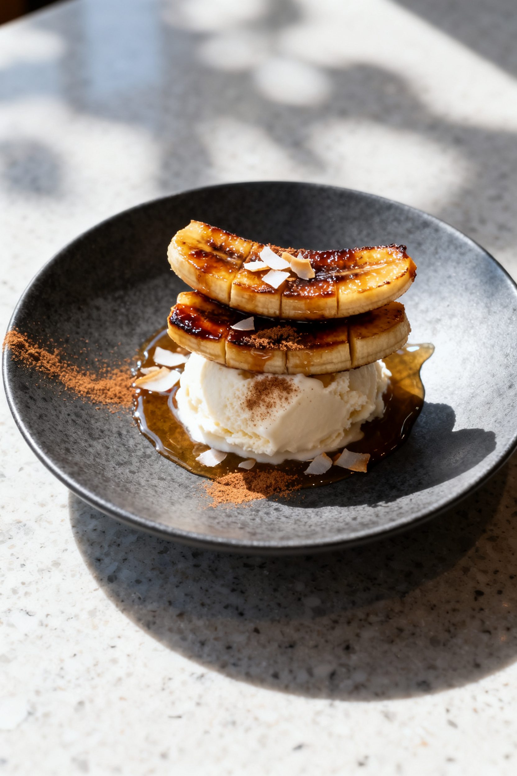 Final plated dessert shot: beautifully stacked lengthwise banana halves (cut into quarters) with dee