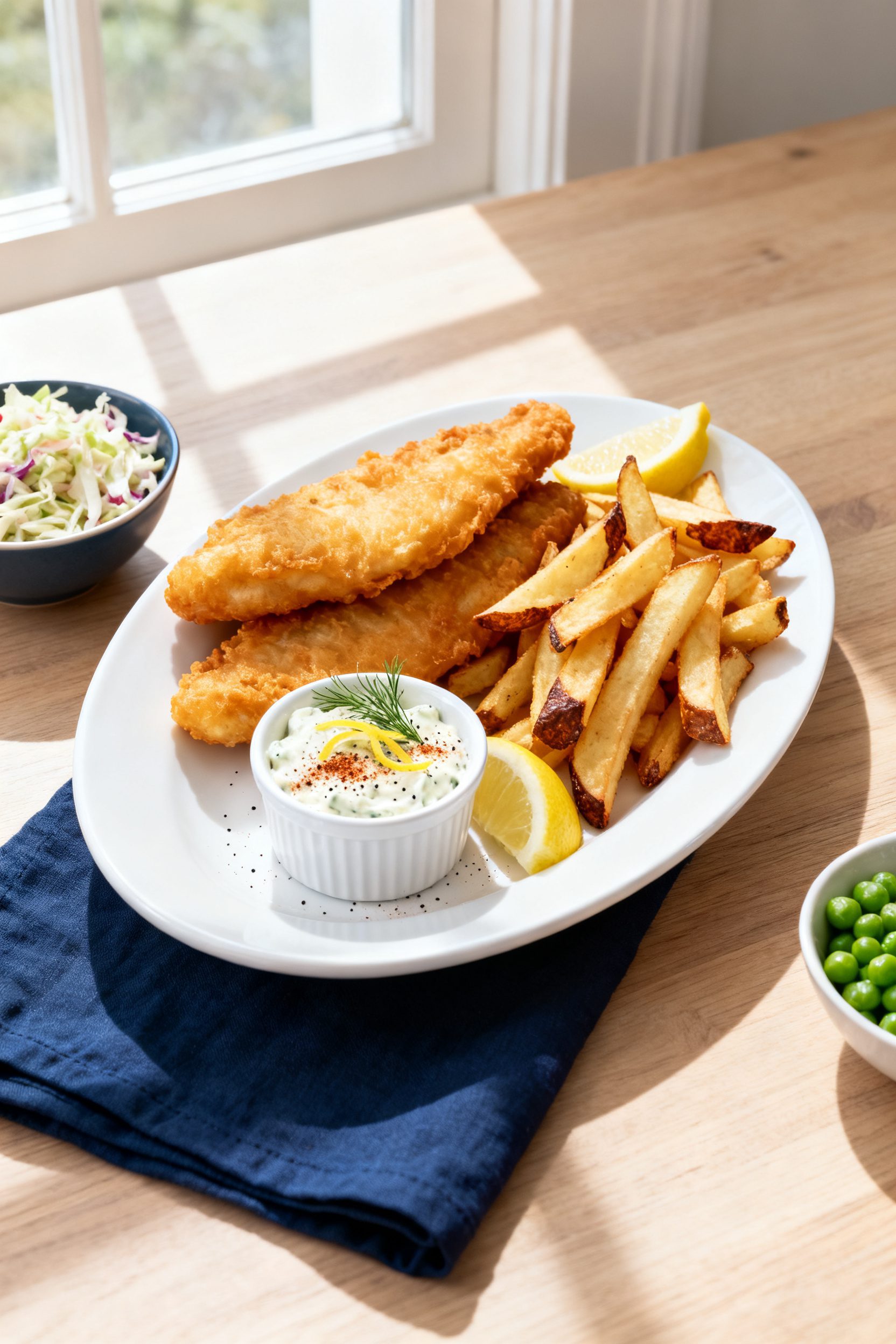 Final plated dish: beautifully arranged air fryer fish and chips on a matte white oval plate; two go