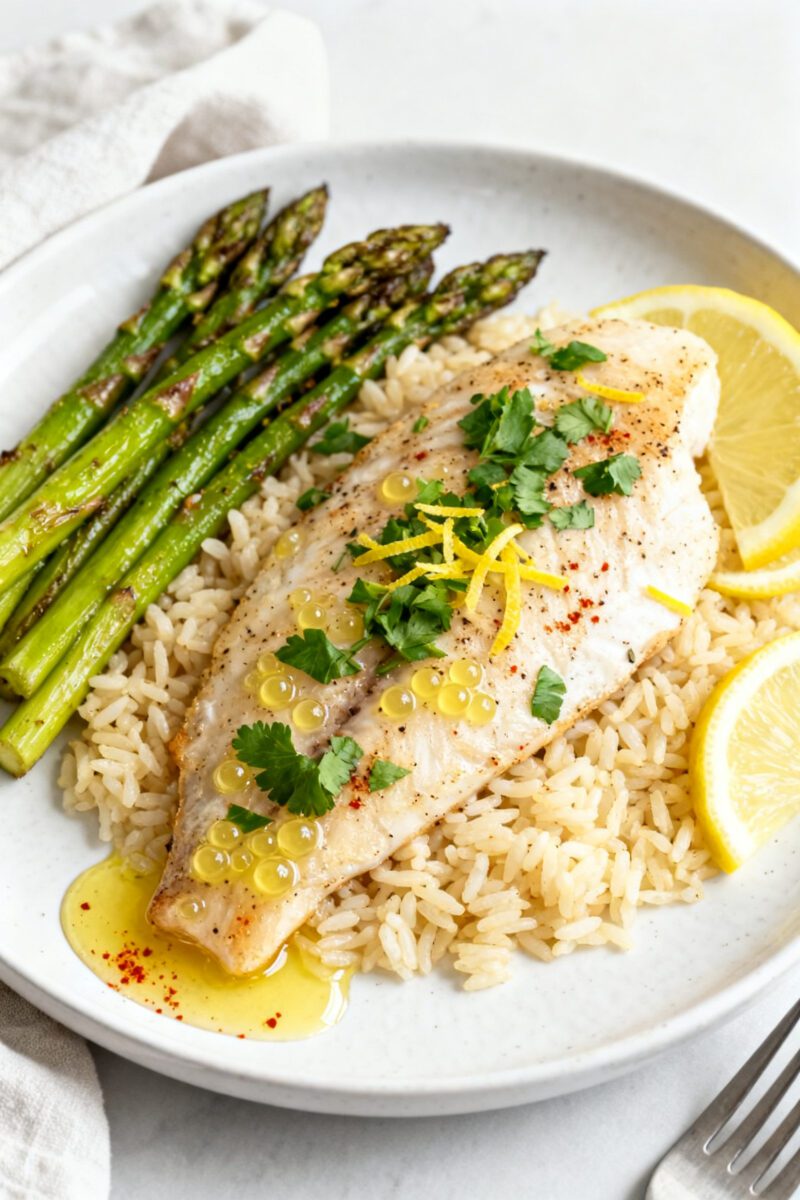 Final plated dish, : Beautifully plated Air Fryer Lemon Pepper Tilapia on a white ceramic plate over