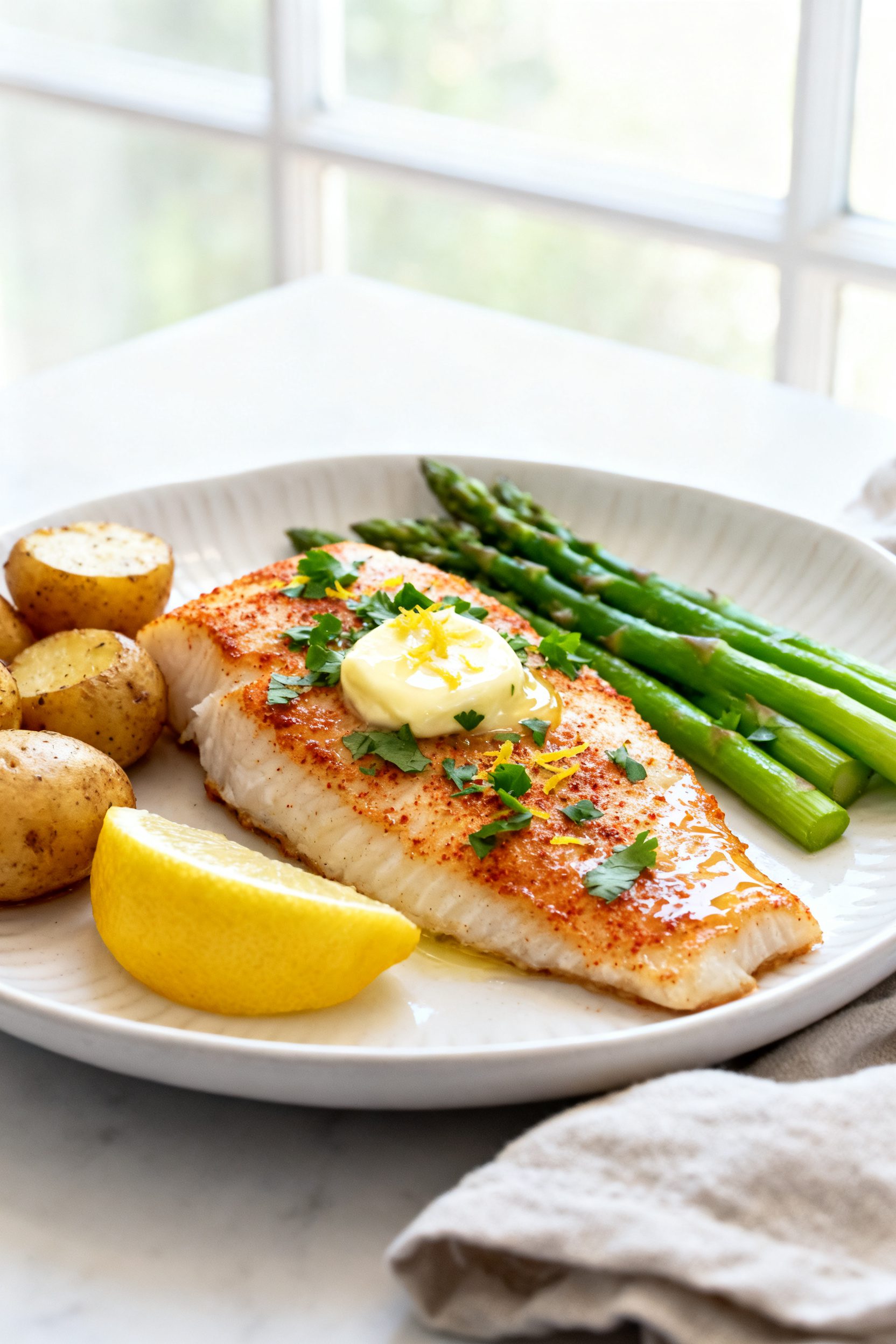 Final plated dish, : Beautifully plated Air Fryer Alaskan Cod on a white ceramic plate, fillet glist