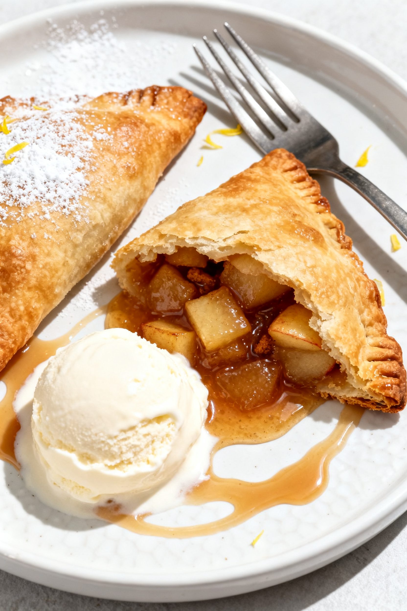 Final plated dish: Beautifully plated warm apple turnovers on a white ceramic dessert plate, one tur