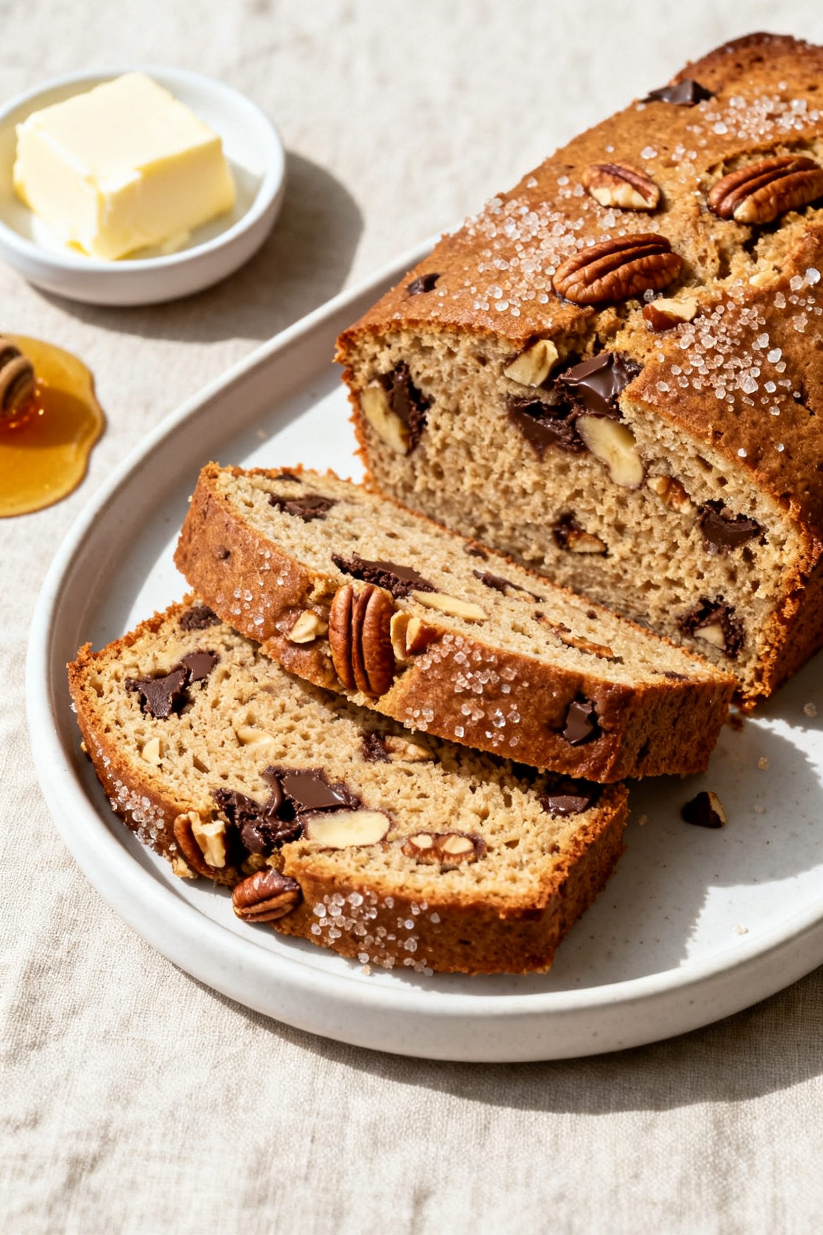 Final plated dish: Beautifully sliced air fryer banana bread on a matte white plate, 3–4 even slic