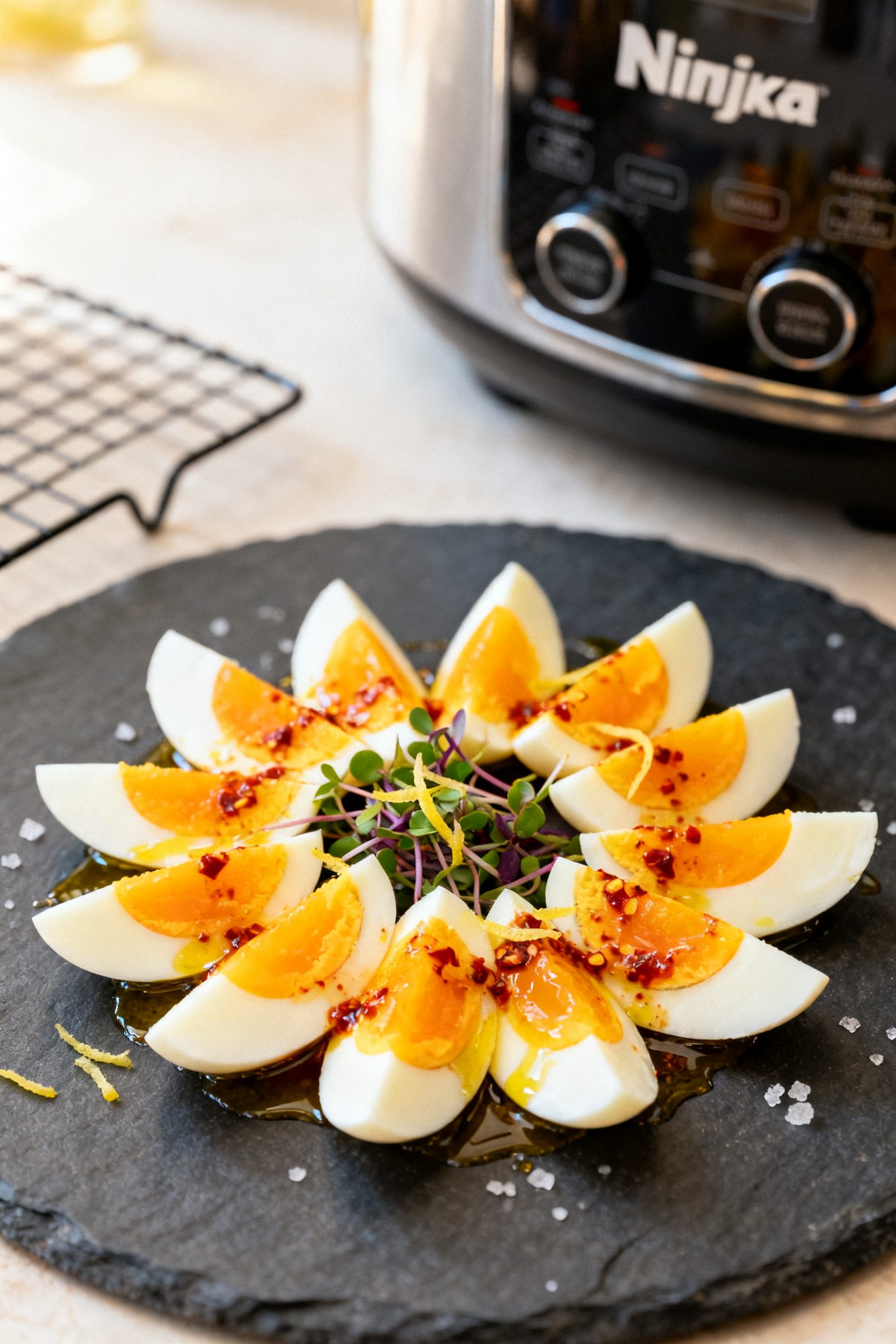 Final plated dish beauty: Close-up of halved classic hard boiled air-fried eggs neatly fanned on a m