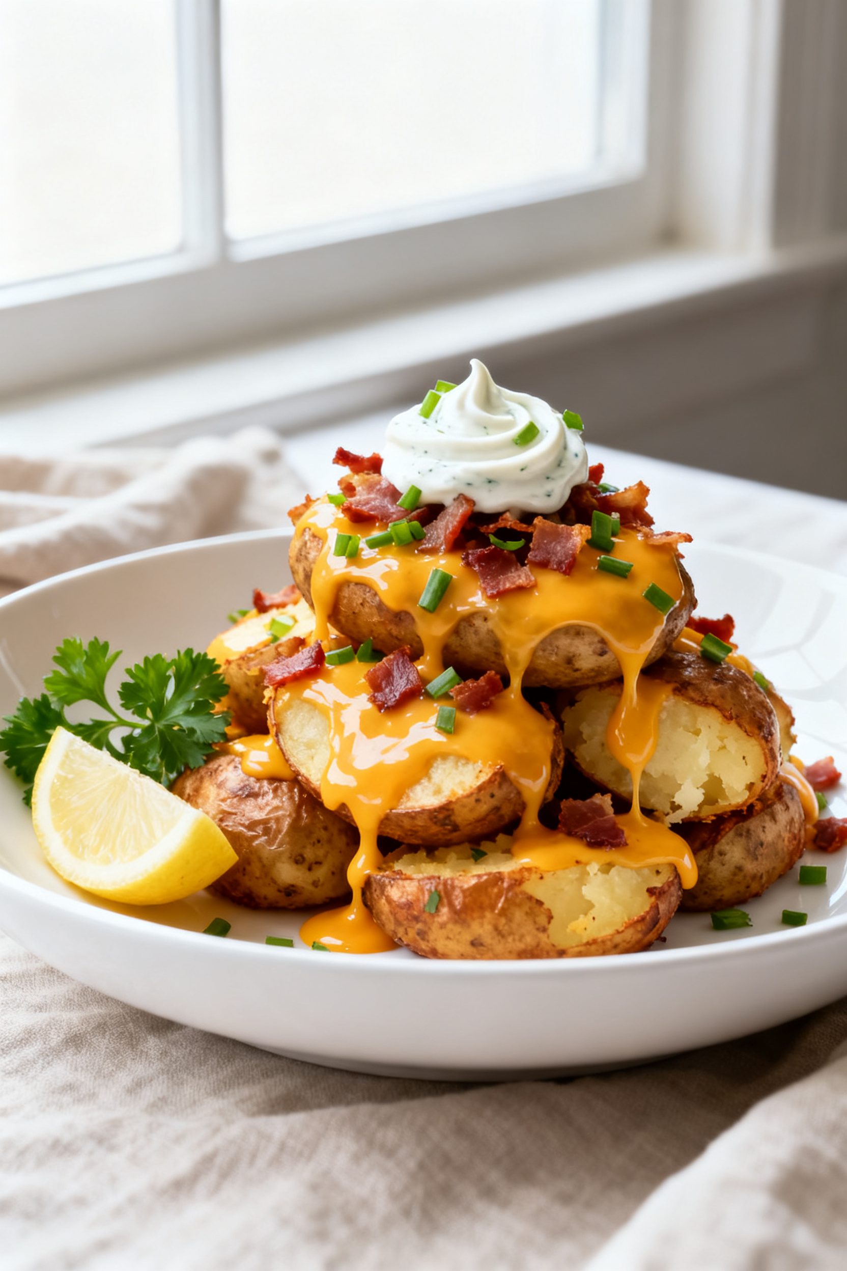 Final plated dish beauty: Restaurant-style presentation of Loaded Potatoes Air Fryer on a wide, whit