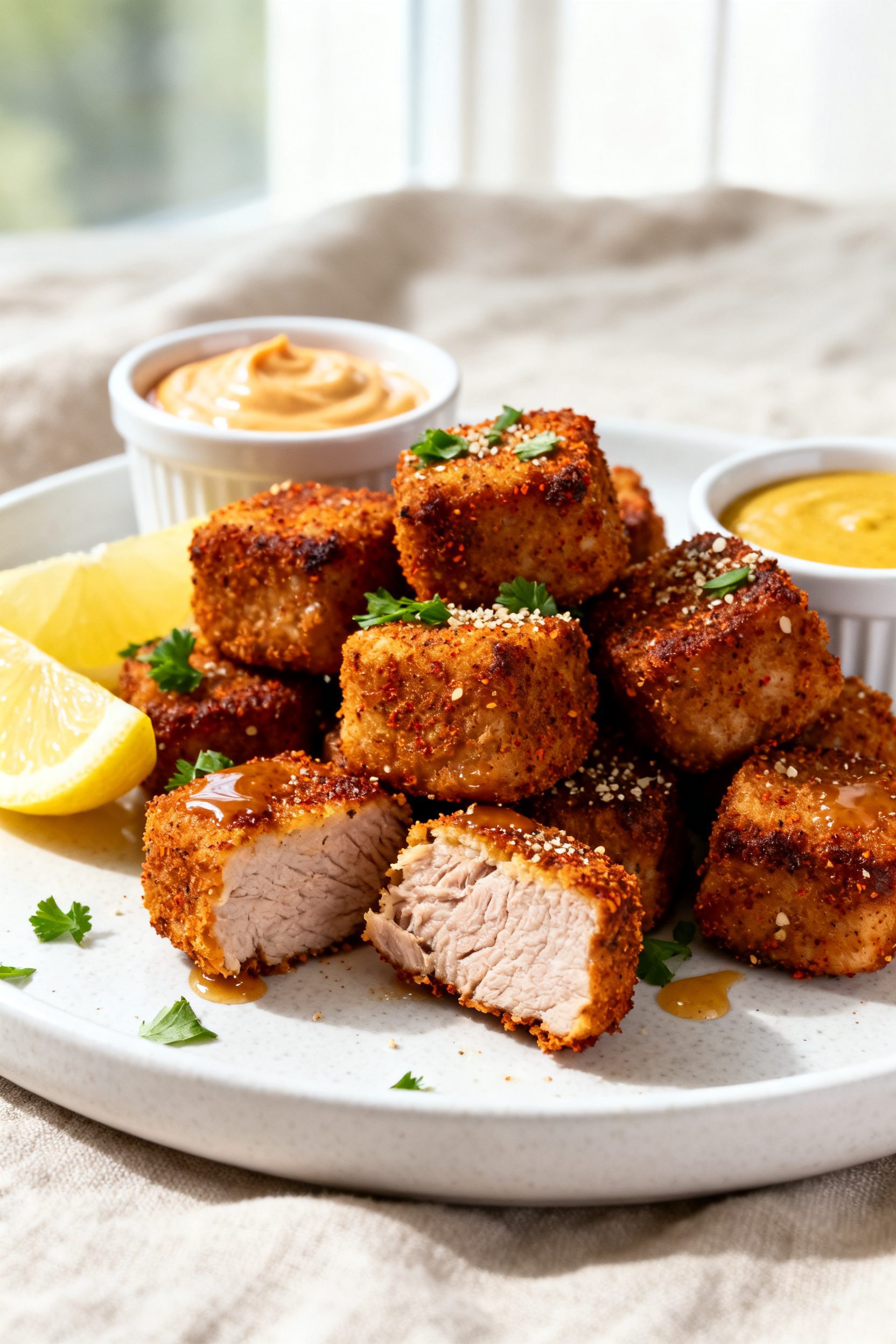 Final plated dish beauty shot: Crispy air fryer pork bites piled on a matte white plate, edges deepl