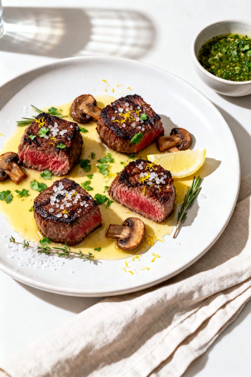 Final plated dish beauty shot: Juicy air fryer steak bites and mushrooms arranged on a warm white ce