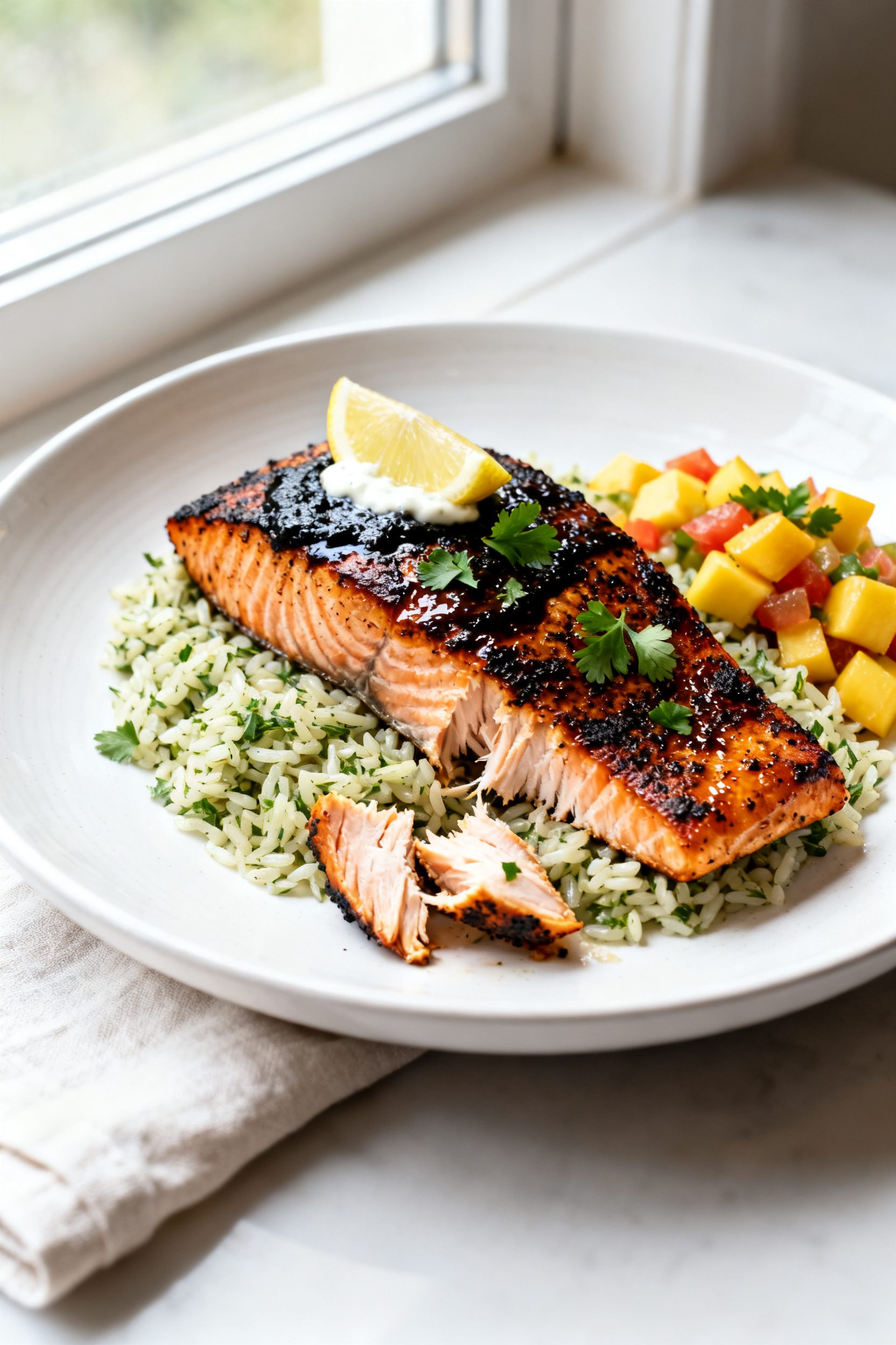 Final plated dish beauty shot: restaurant-style blackened salmon fillet over cilantro rice with mang