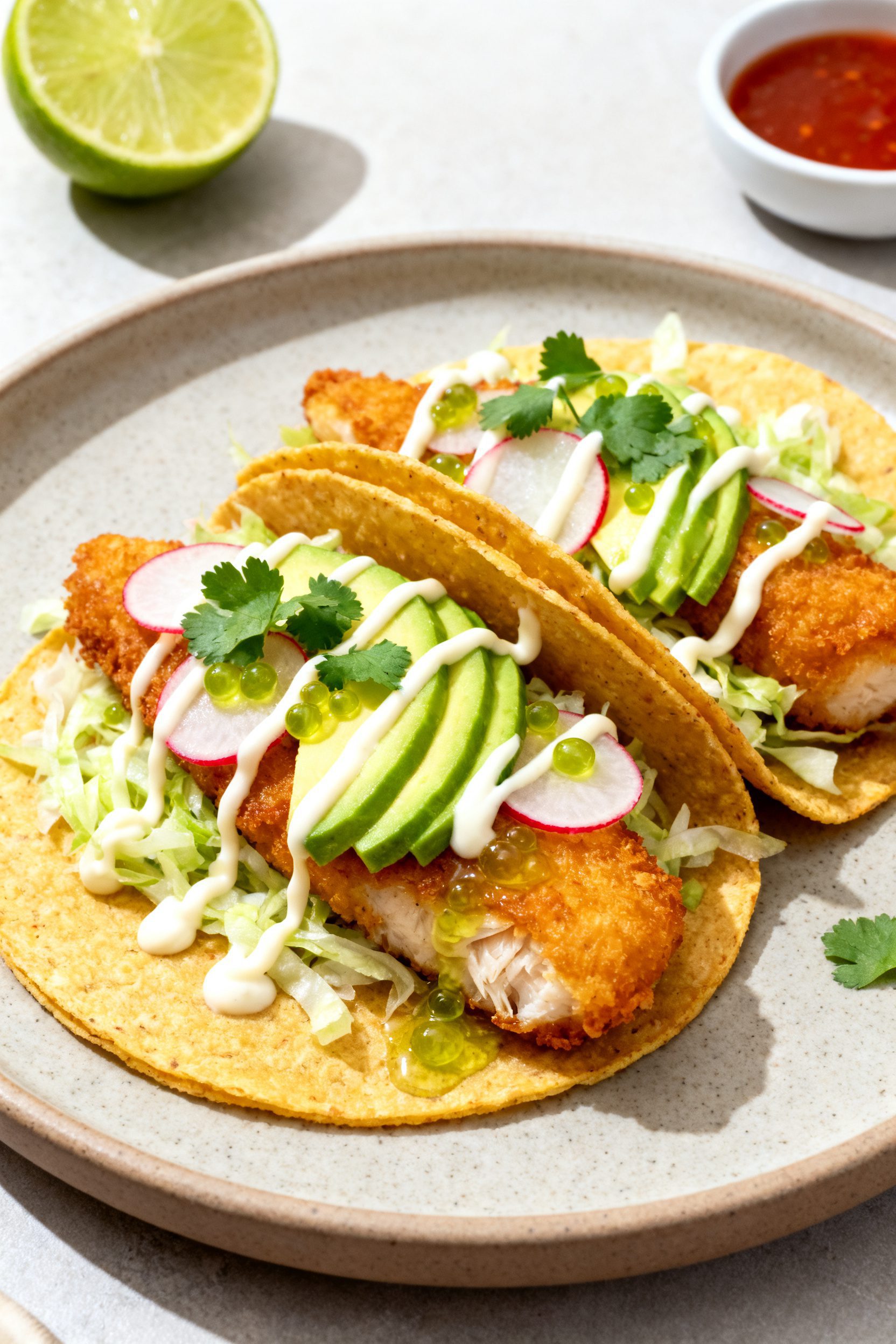 Final plated dish, close-up: Two air fryer fish tacos on a matte ceramic plate—crispy golden fish 