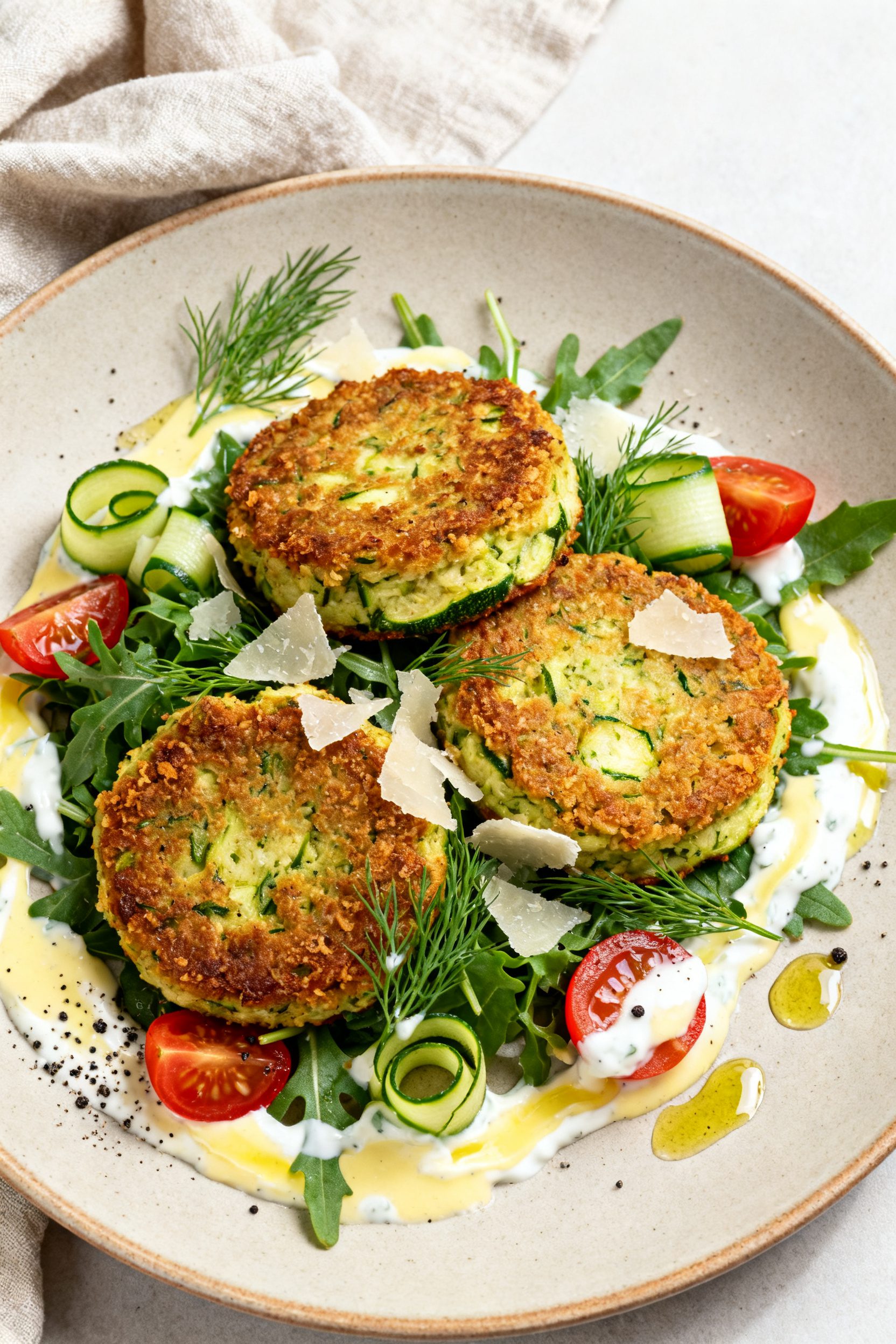 Final plated dish presentation: Restaurant-quality plate featuring three zucchini patties nestled ov