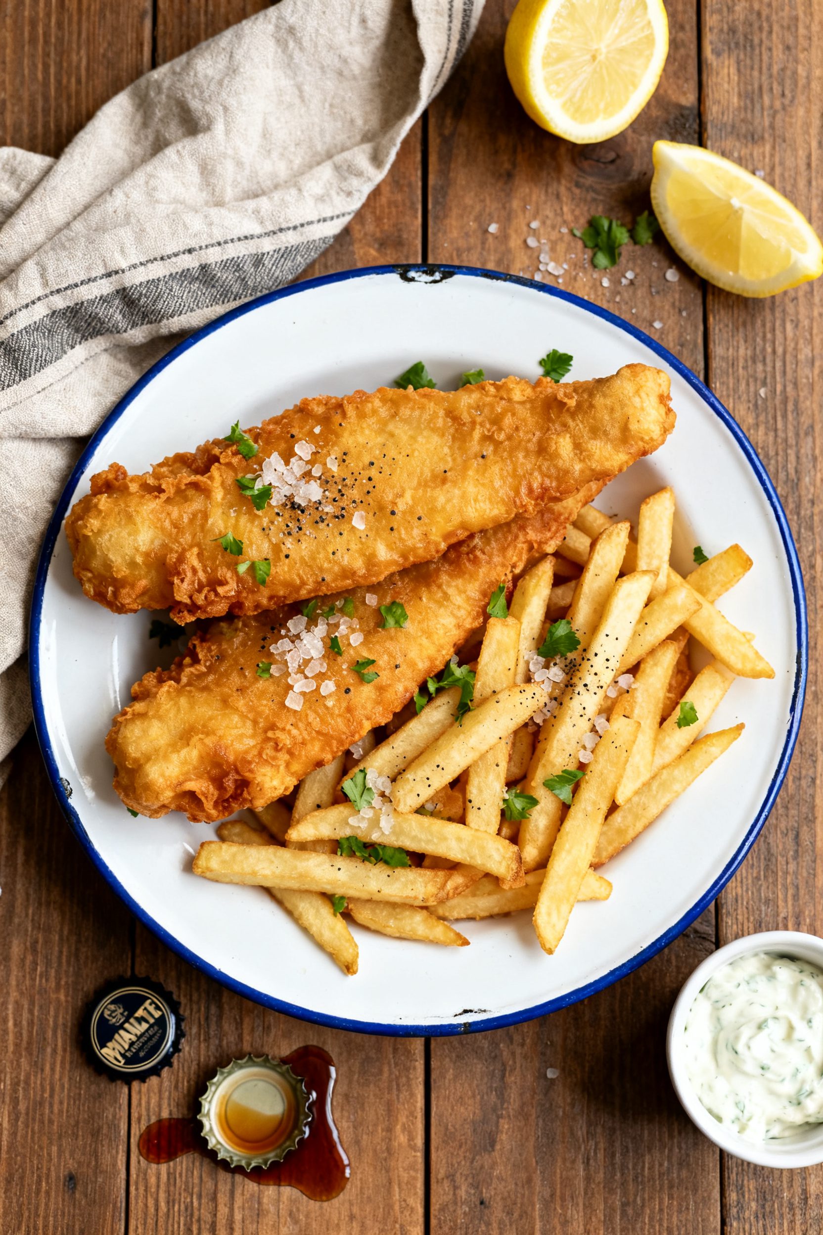 Final plated dish: Pub-style presentation of Air Fryer Beer Battered Fish and Chips on a white ename