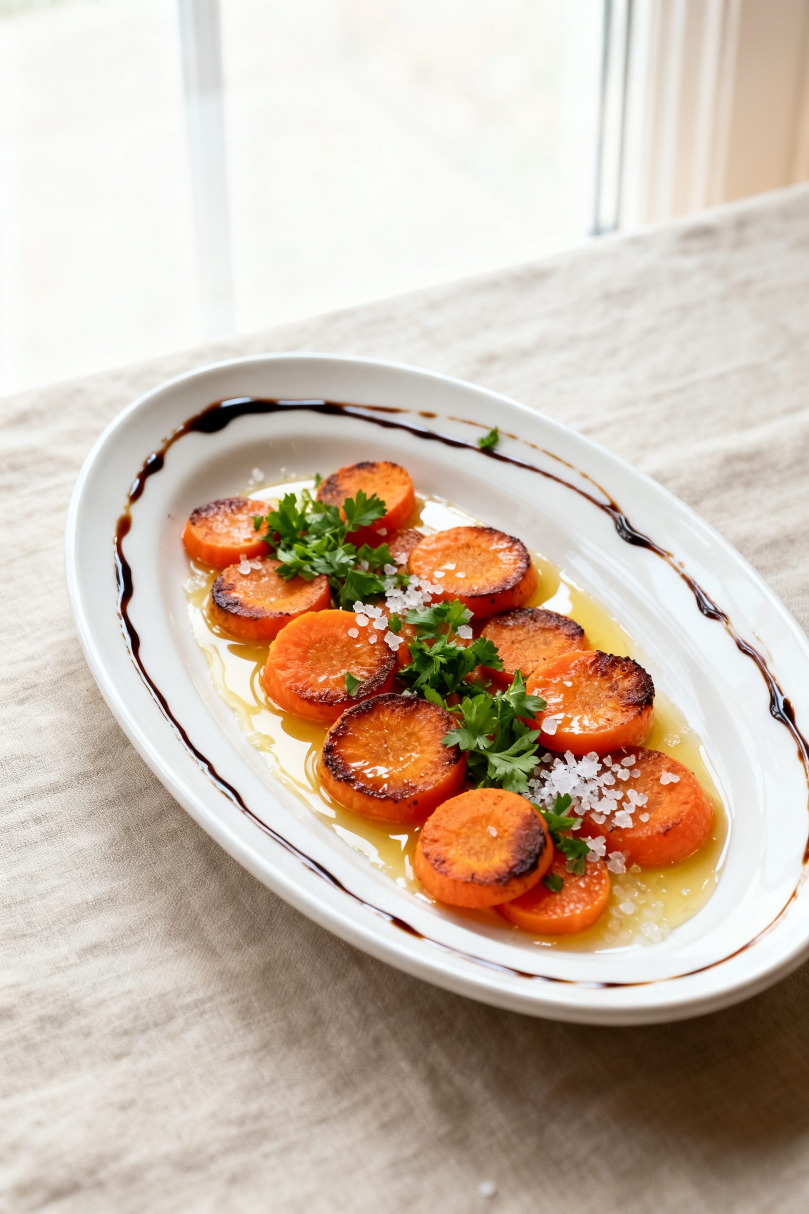 Final plated dish, restaurant-quality: Air Fryer Honey Balsamic Carrots arranged on a warm white cer
