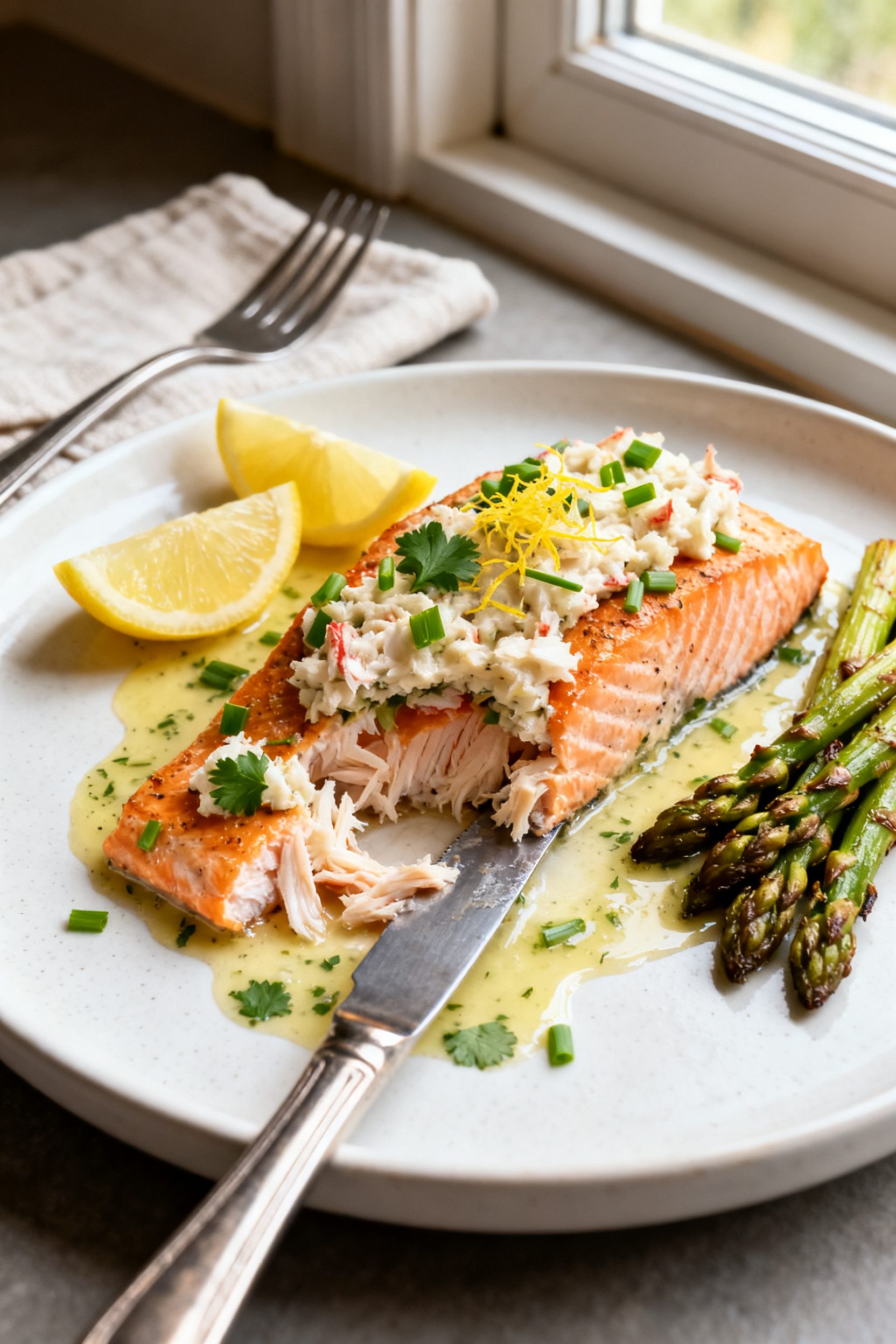 Final plated dish: Restaurant-quality presentation of crab stuffed salmon on a matte white plate, le