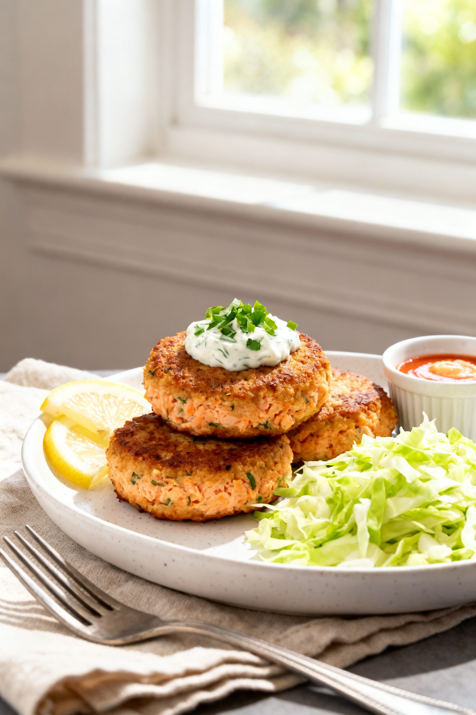 Final plated dish: Restaurant-quality presentation of three medium salmon cakes stacked slightly off