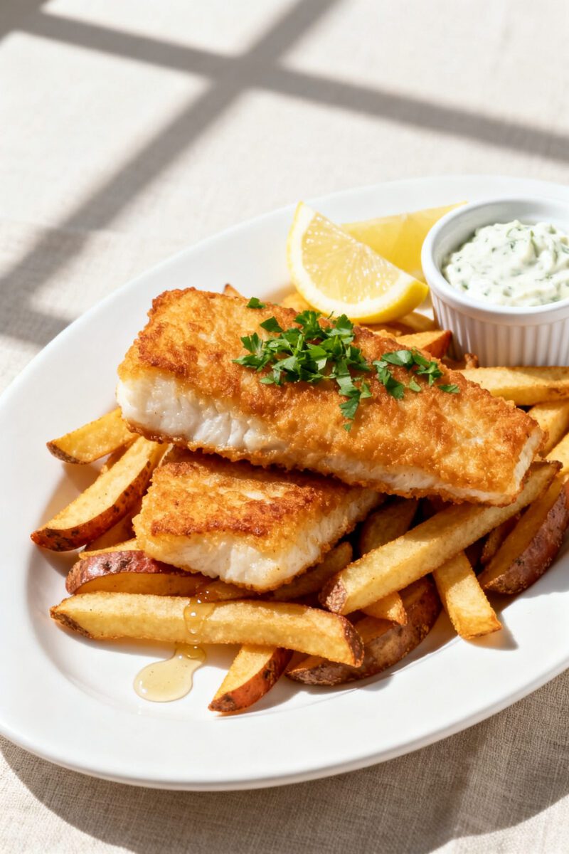 Final plated dish: Restaurant-quality presentation of air fryer cod fish and chips on a matte white