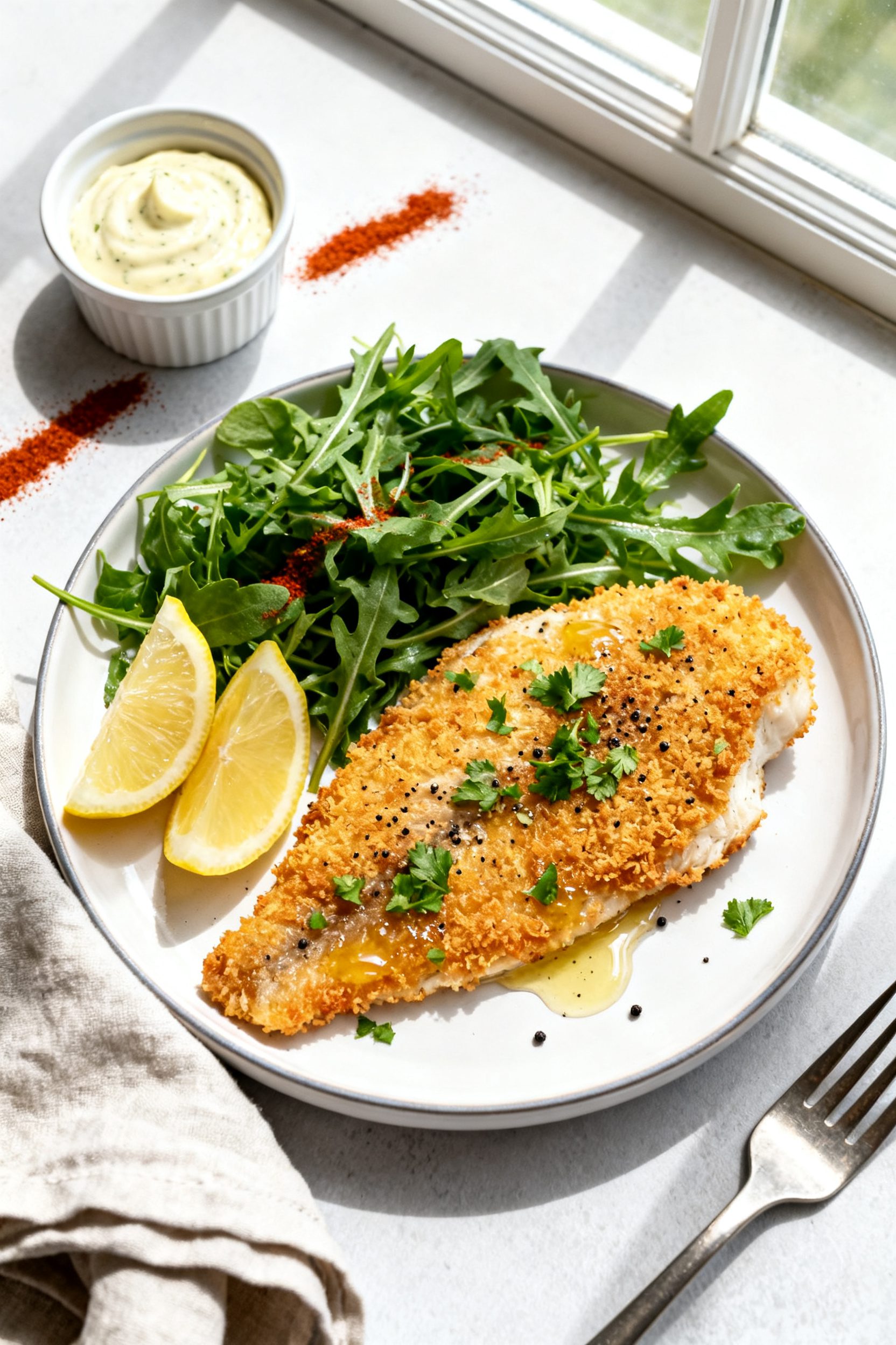 Final plated dish: Restaurant-quality presentation of panko crusted tilapia on a white rimmed plate,