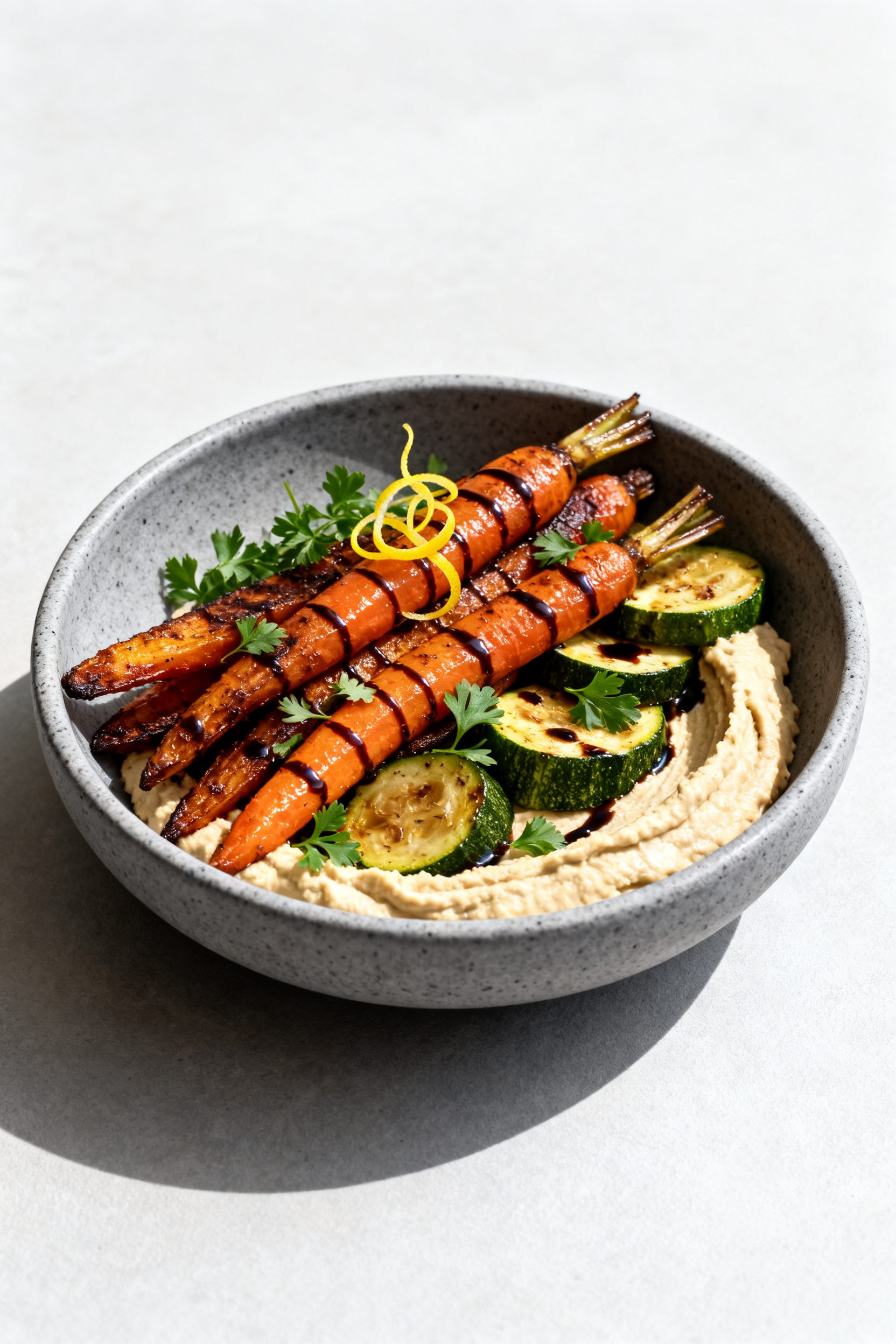 Final plated dish: Restaurant-quality presentation of Air Fryer Carrots and Zucchini layered over a 