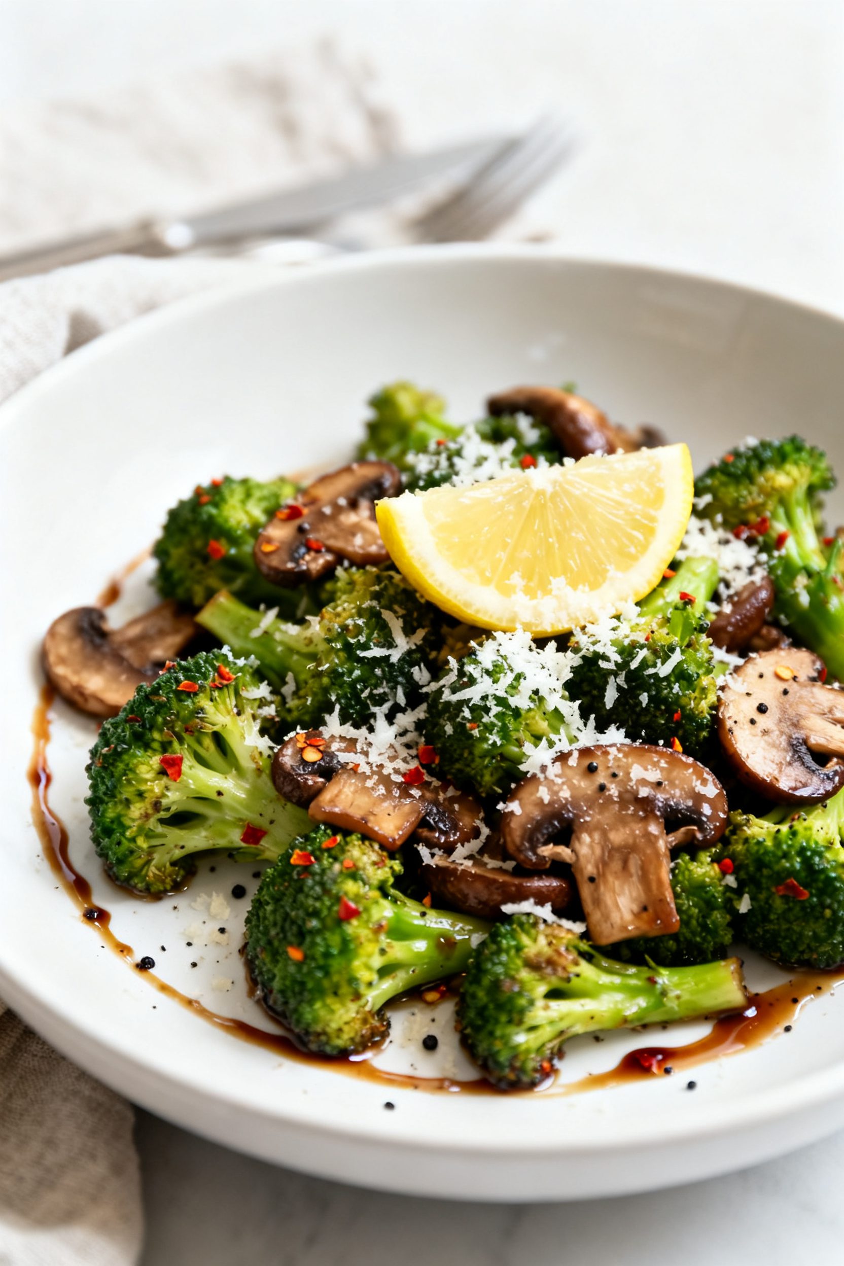 Final plated dish: Restaurant-quality presentation of Air Fryer Broccoli and Mushrooms in a wide, sh