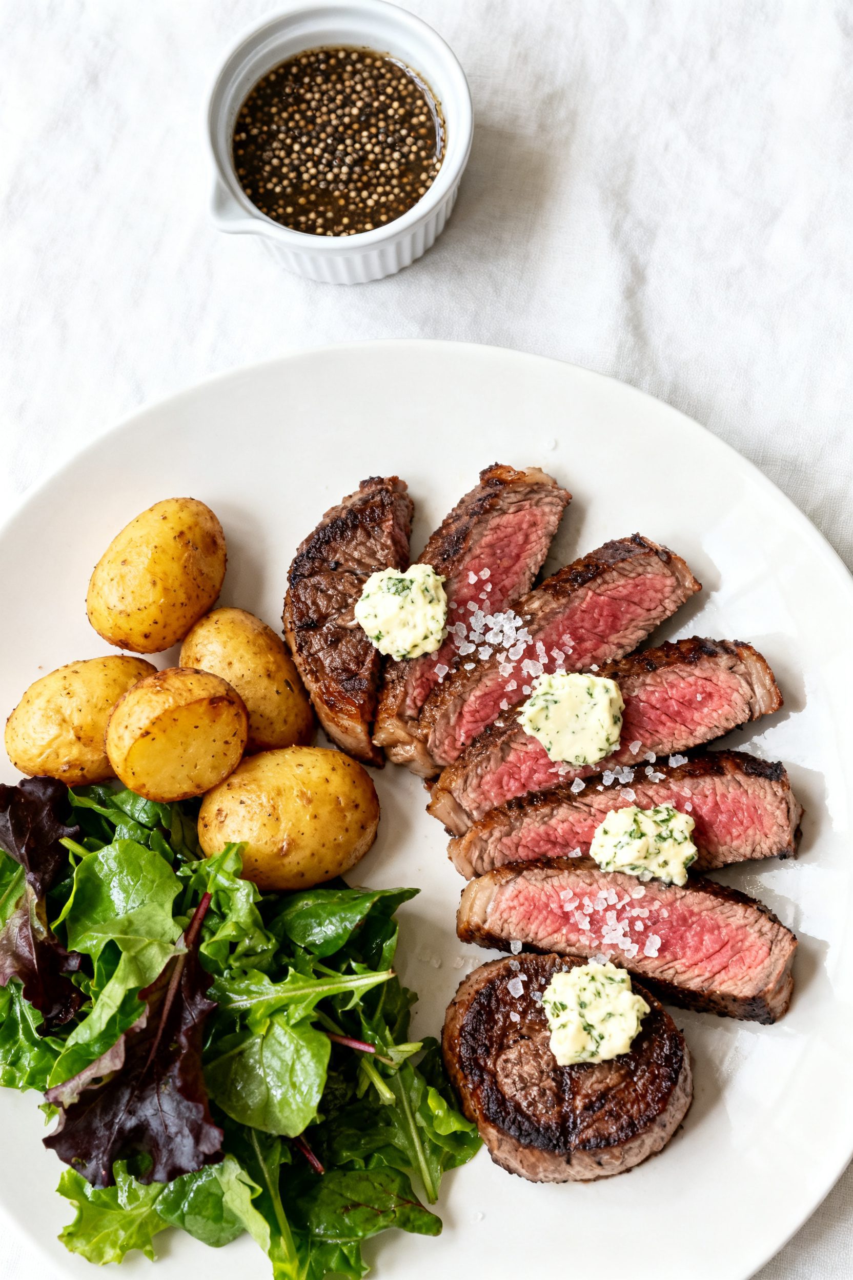 Final plated dish: Restaurant-quality presentation of air fryer fillet steak as medallions fanned on