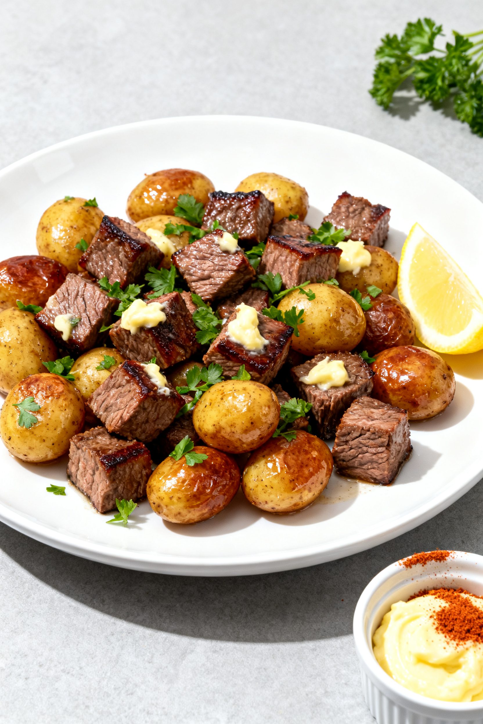 Final plated dish: Restaurant-quality presentation of Air Fryer Garlic Butter Steak Bites and Potato