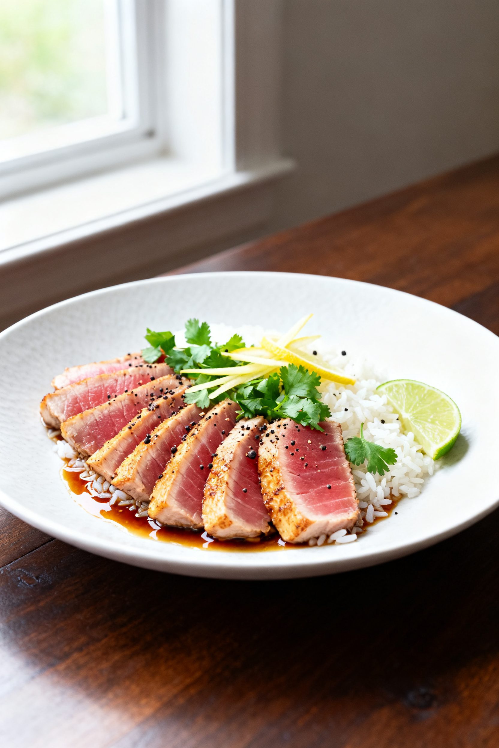 Final plated dish: Restaurant-quality presentation of air fryer tuna steak, sliced across the grain 