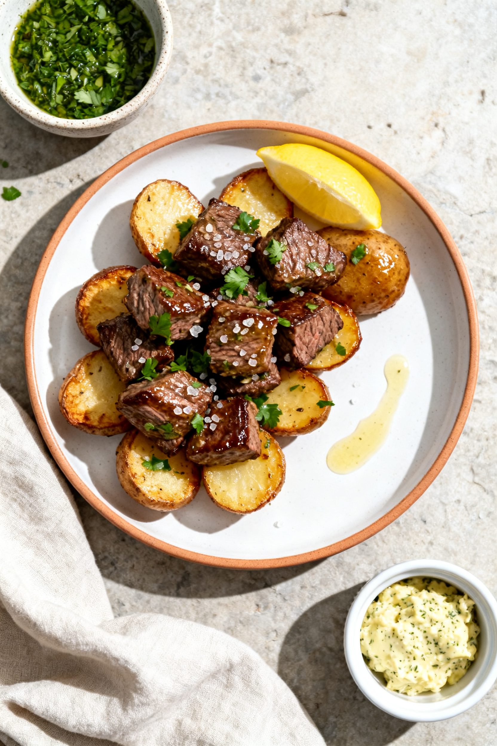 Final plated dish: Restaurant-quality presentation of Air Fryer Garlic Steak and Potatoes on a warm 